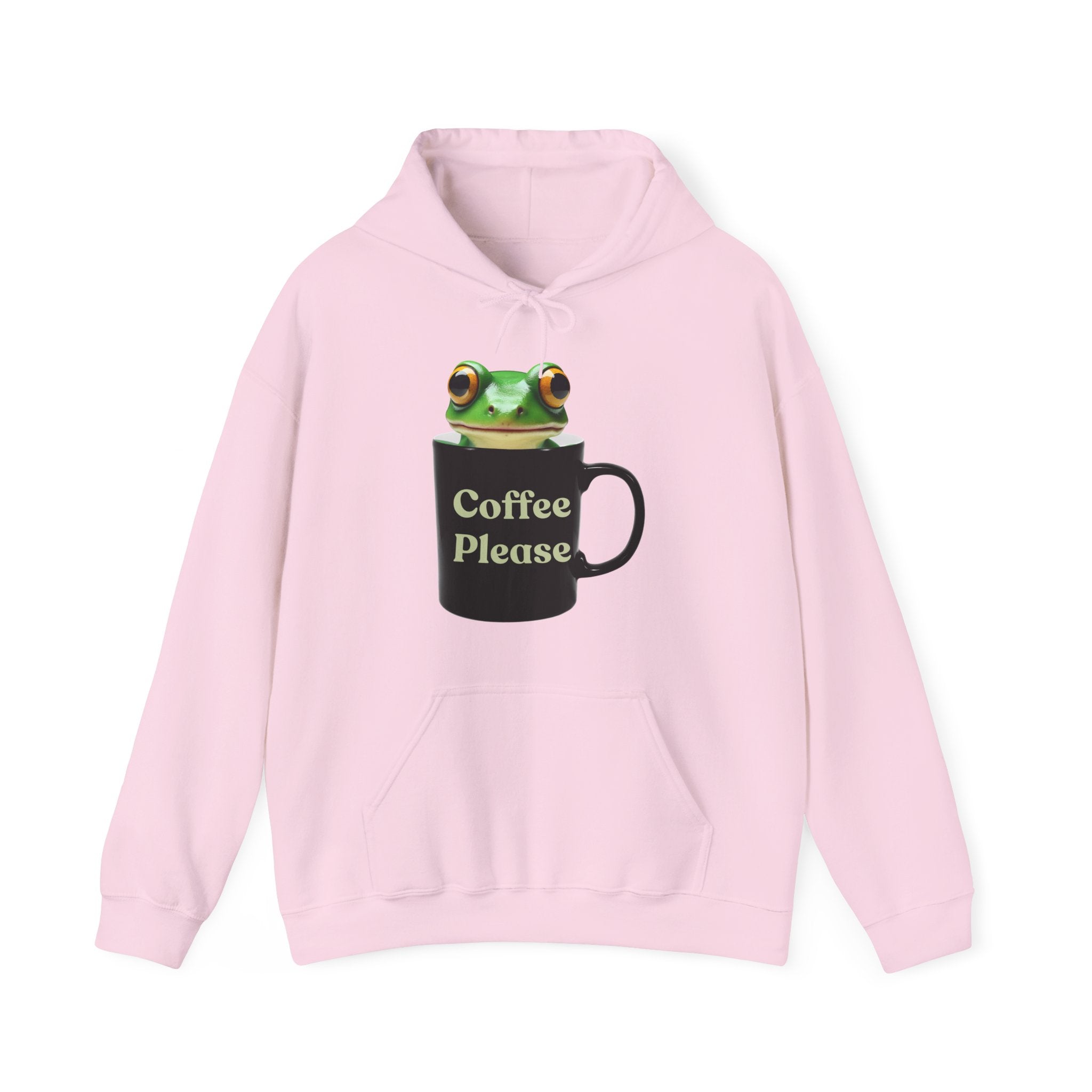 Pink hoodie with a frog inside the cup and a text "coffee please" on a white background