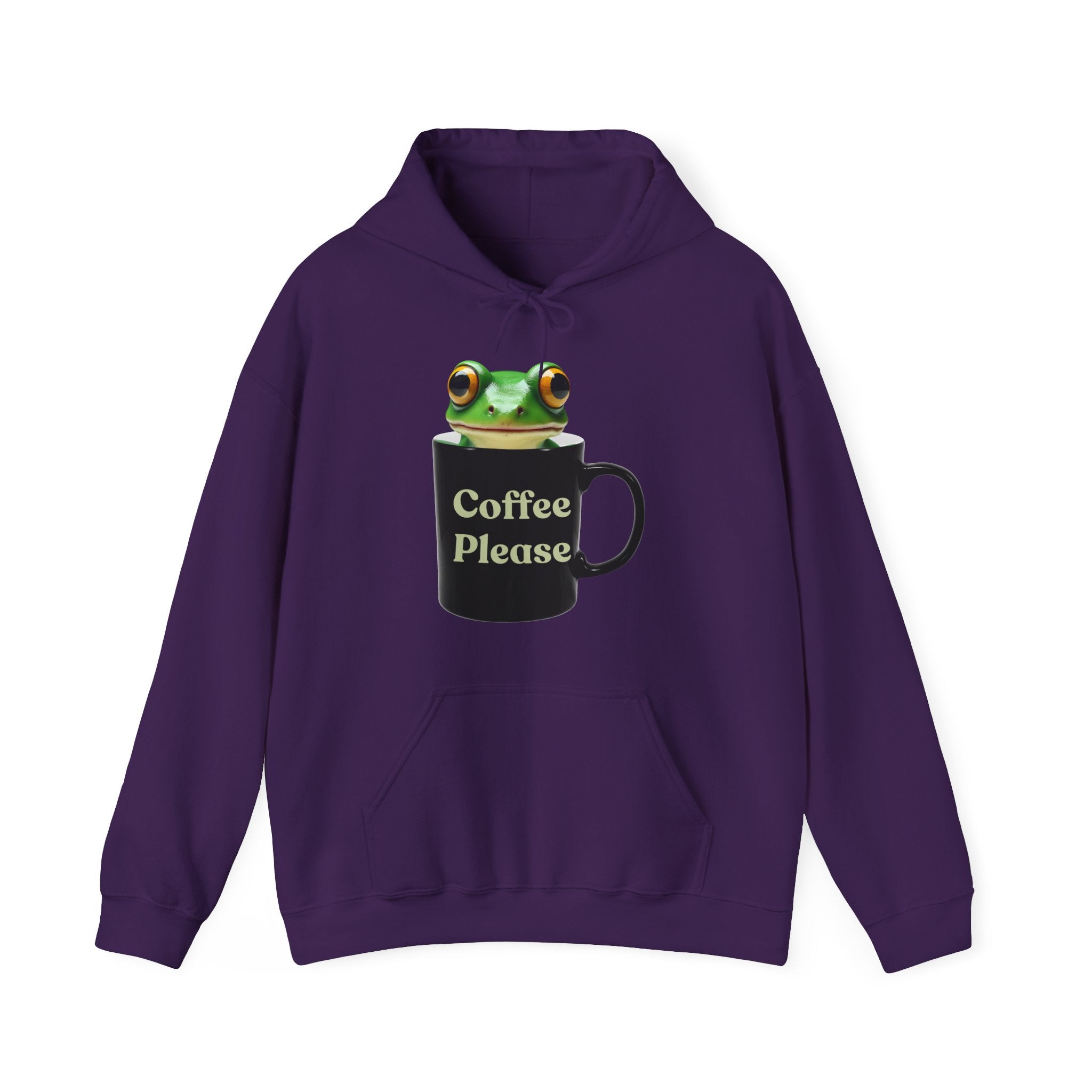 Purple hoodie with a frog inside the cup and a text "coffee please" on a white background