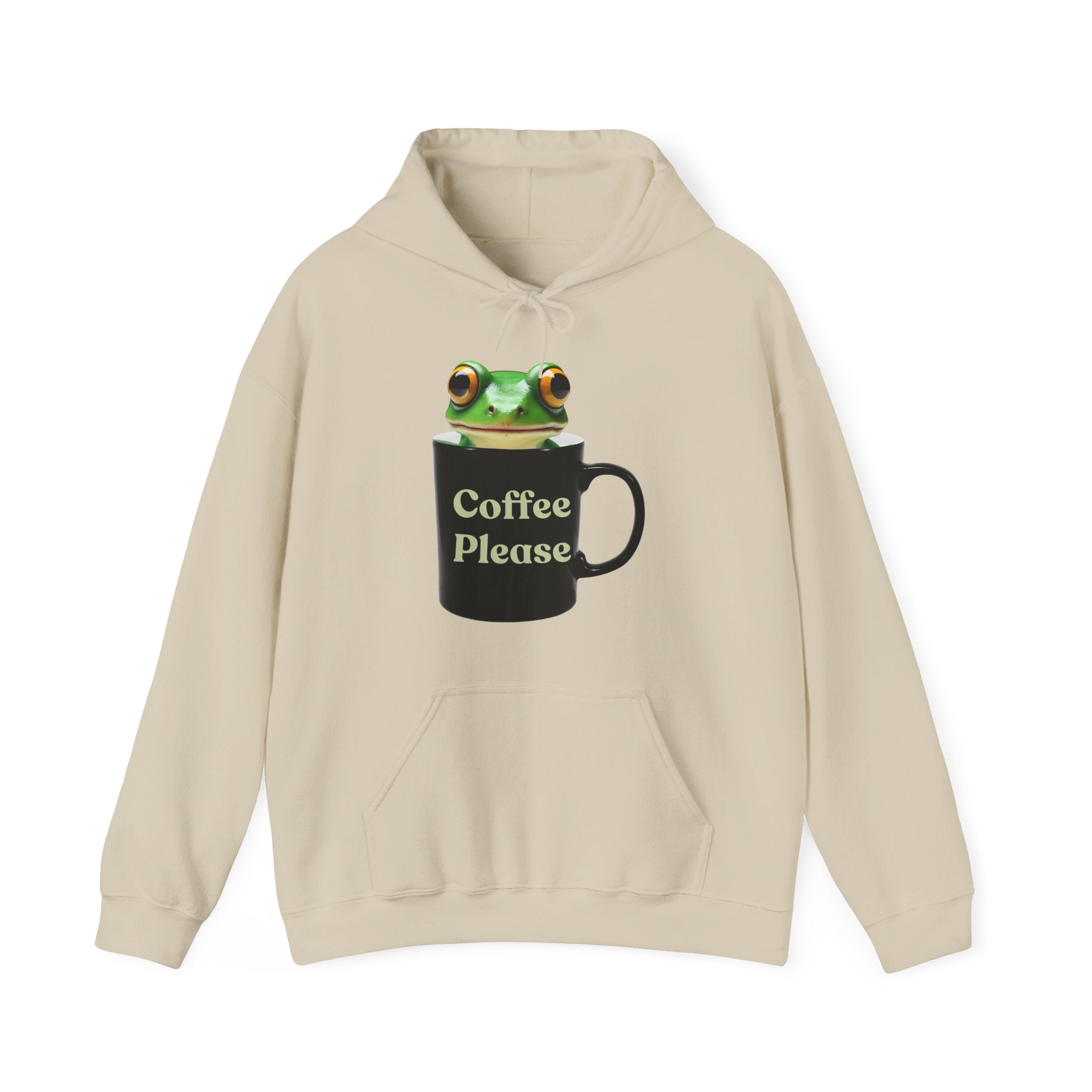 Beige hoodie with a frog inside the cup and a text "coffee please" on a white background