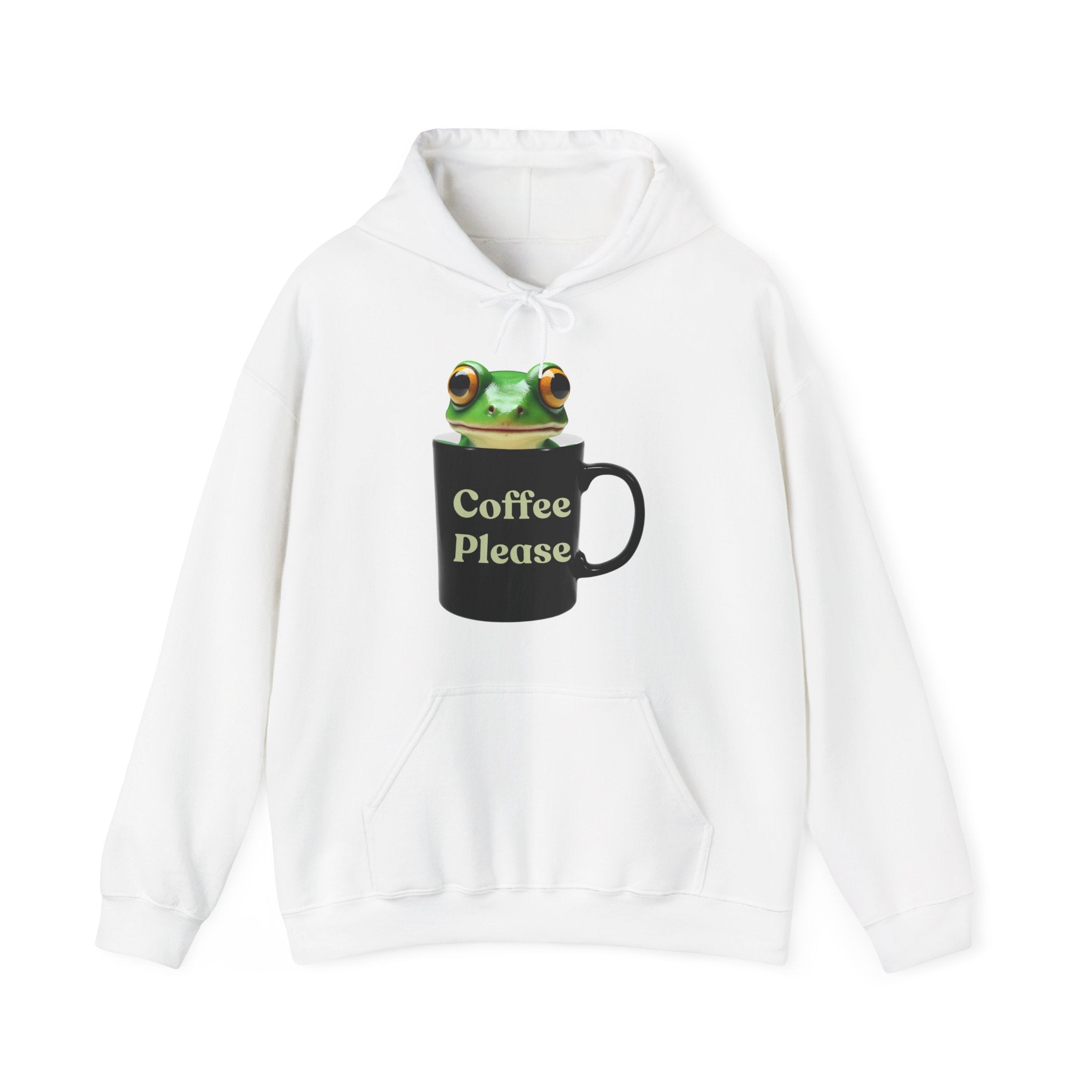 White hoodie with a frog inside the cup and a text "coffee please" on a white background