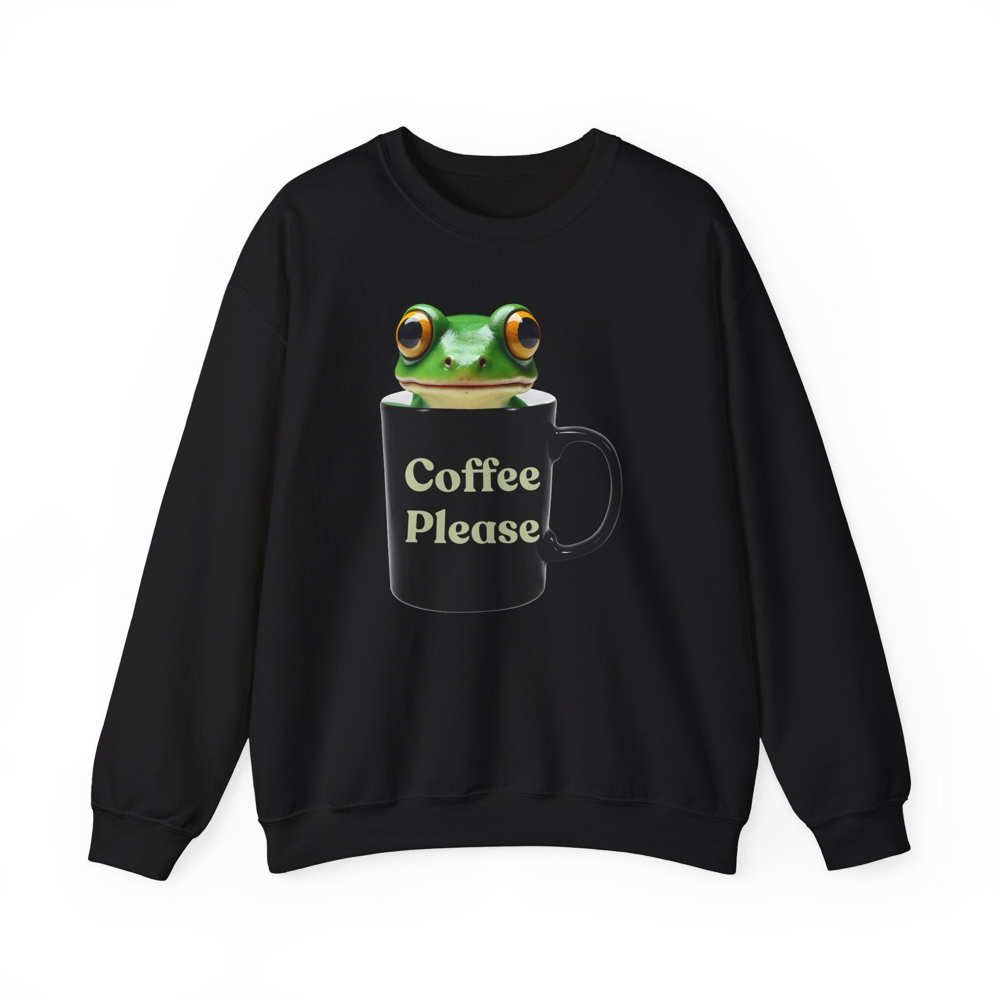 Black sweatshirt with a frog holding a coffee cup and 'Coffee Please' text on a white background
