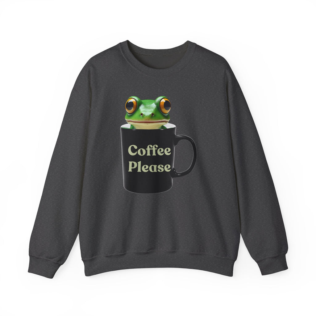 Dark heather sweatshirt with a frog holding a coffee mug and 'Coffee Please' text on a white background