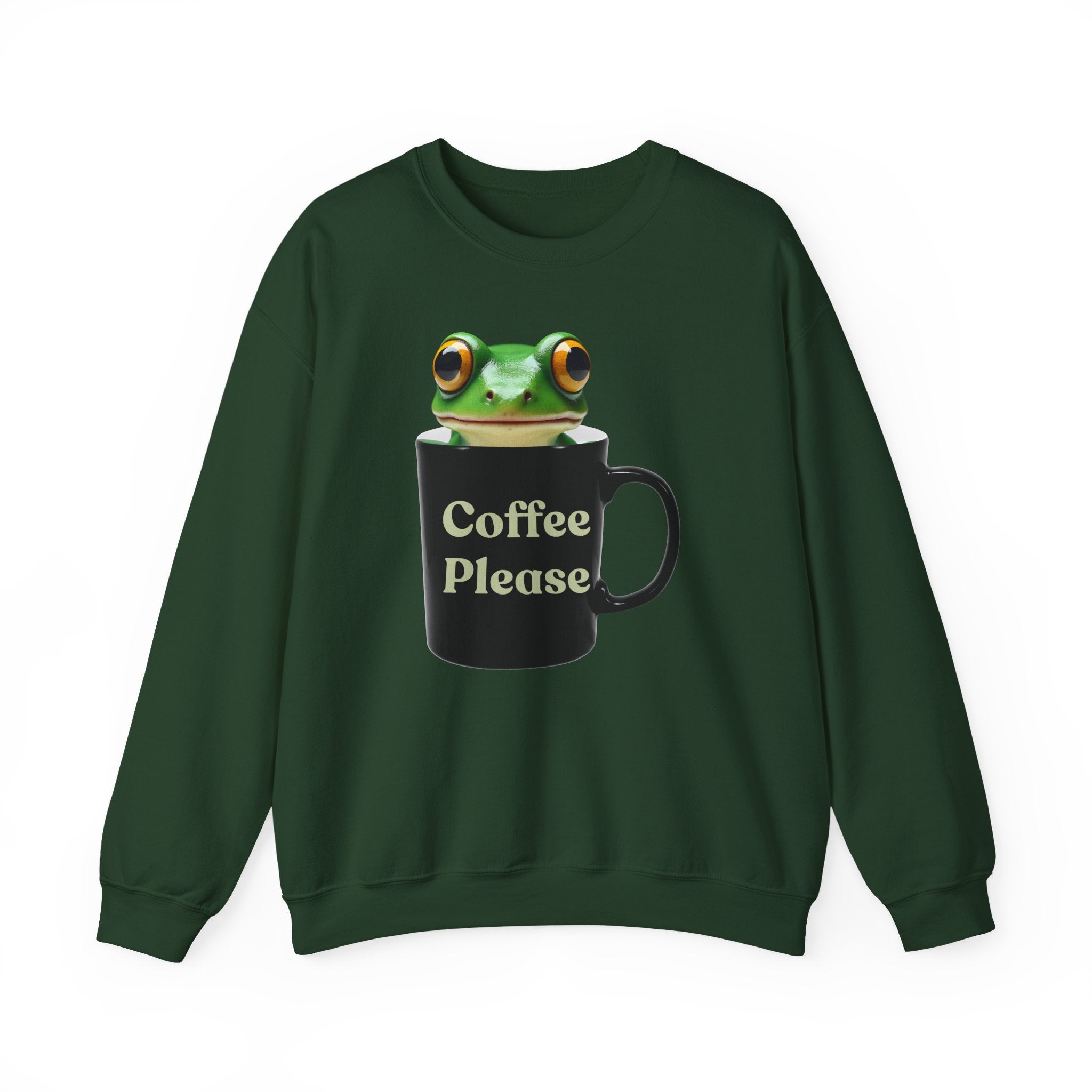 Forest green sweatshirt with a frog design holding a coffee mug on a white background