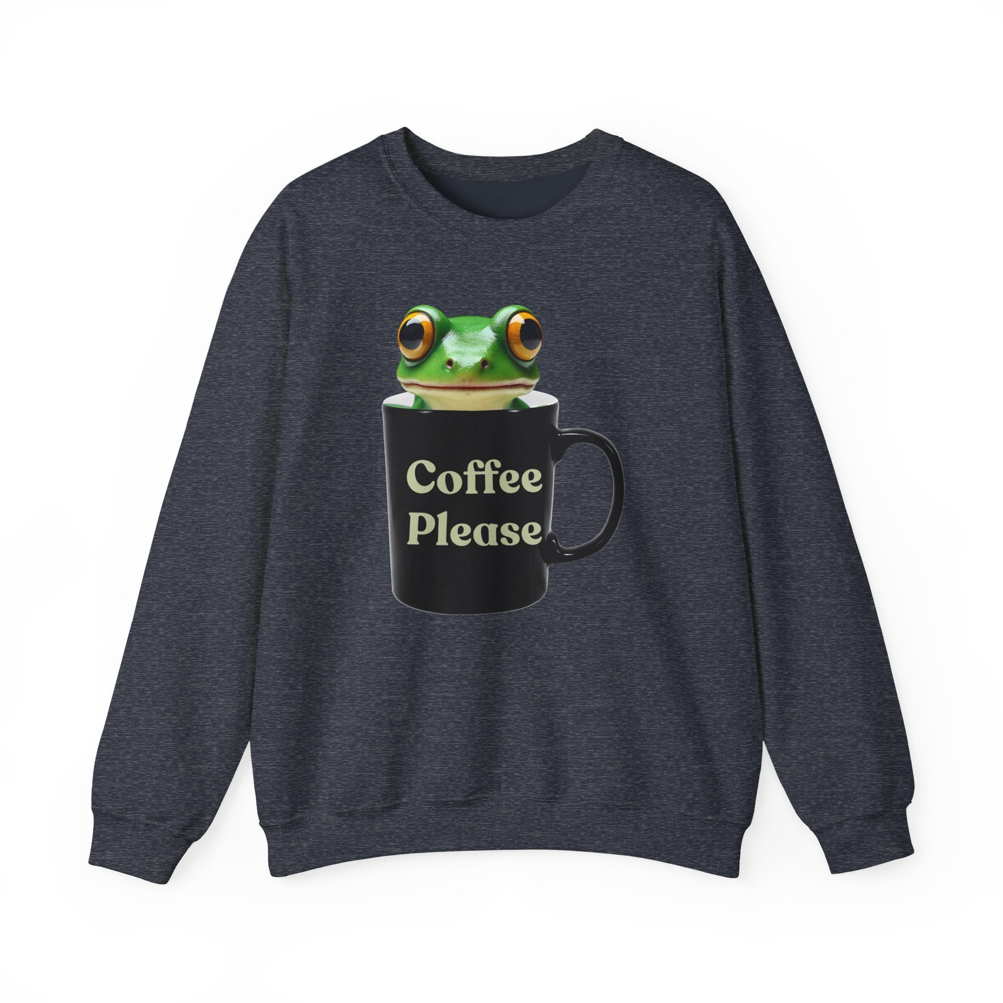 Heather sport dark navy sweatshirt with a frog holding a coffee mug that says 'Coffee Please' on a white background