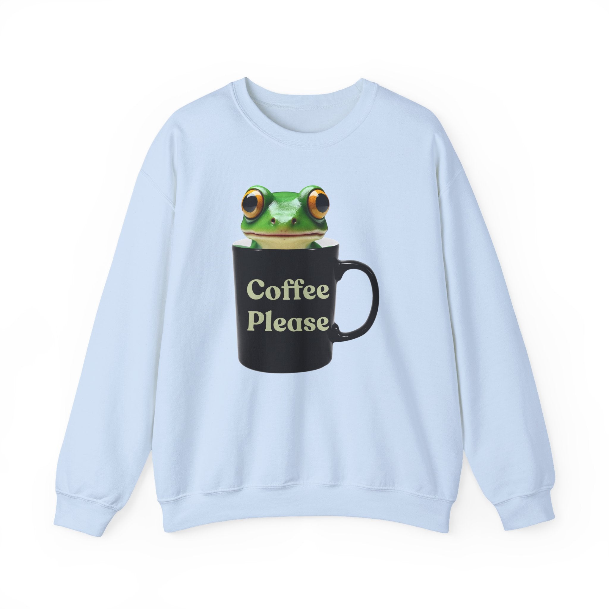 Light blue sweatshirt with a frog design holding a coffee mug and 'Coffee Please' text on a white background.