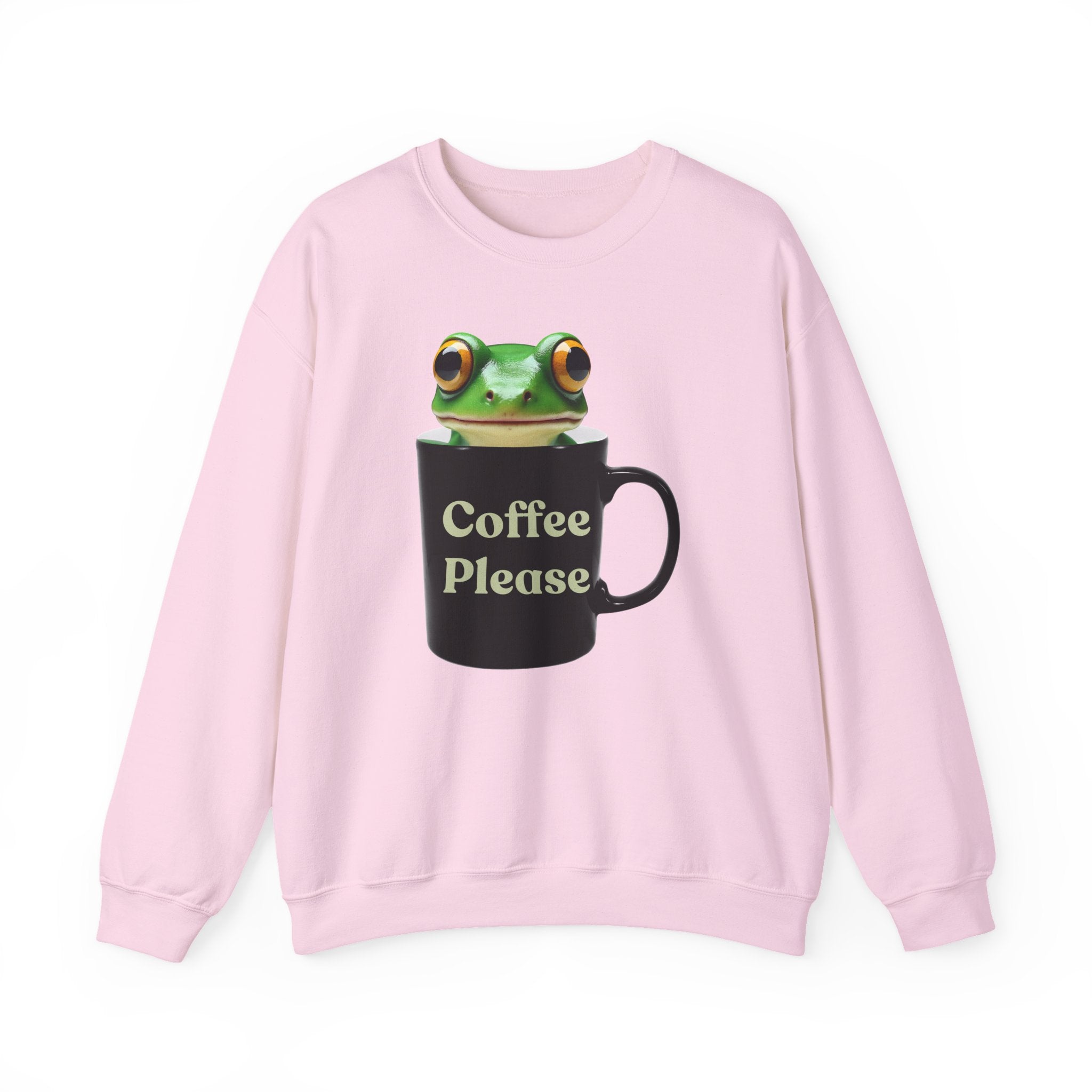 Light pink sweatshirt with a frog design holding a coffee mug and 'Coffee Please' text on a white background.