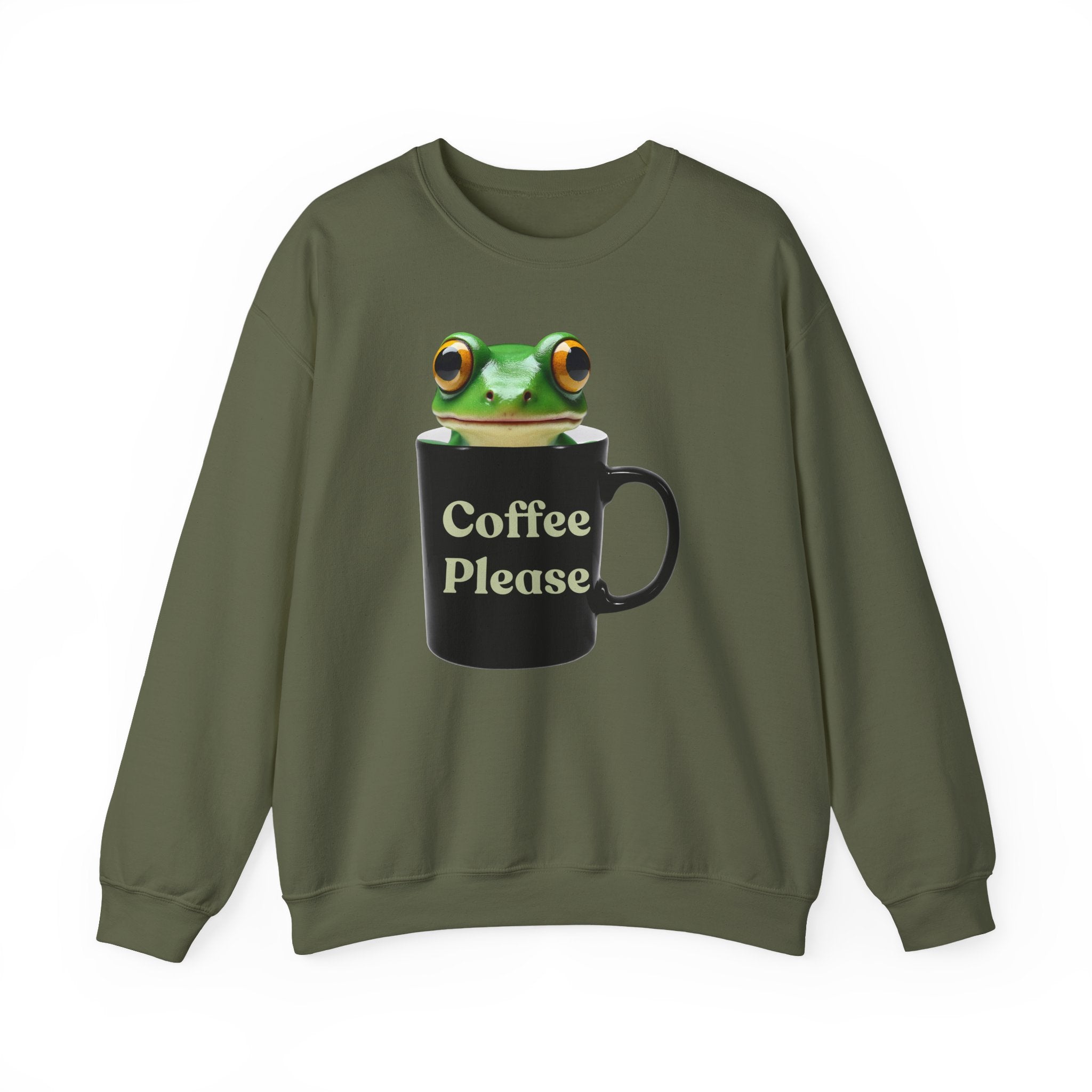 Military green sweatshirt with a frog holding a coffee mug and 'Coffee Please' text on a white background