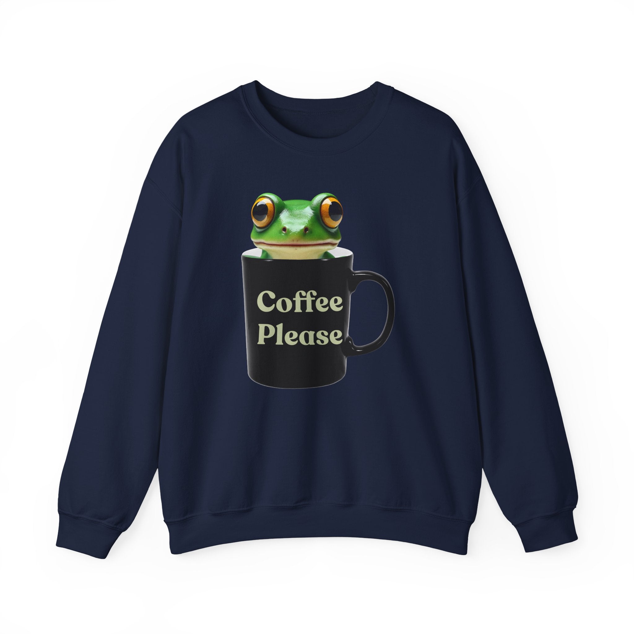 Navy blue sweatshirt with a frog holding a coffee mug and 'Coffee Please' text on a white background