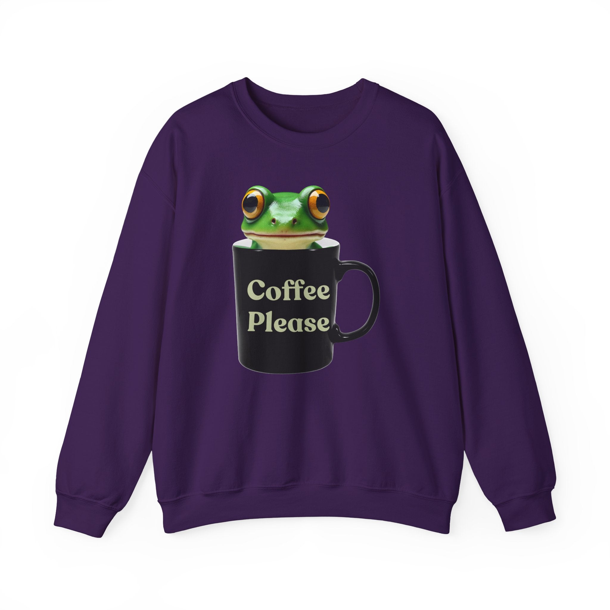 Purple sweatshirt with a frog design holding a coffee mug on a white background