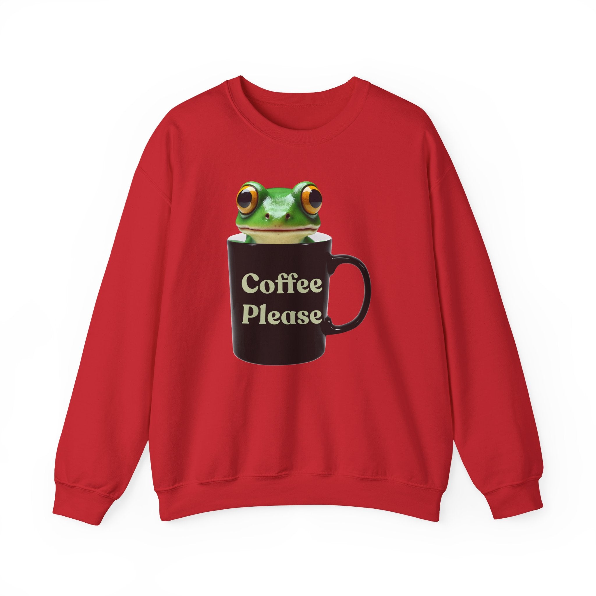 Red sweatshirt with a frog design holding a coffee mug and 'Coffee Please' text on a white background.
