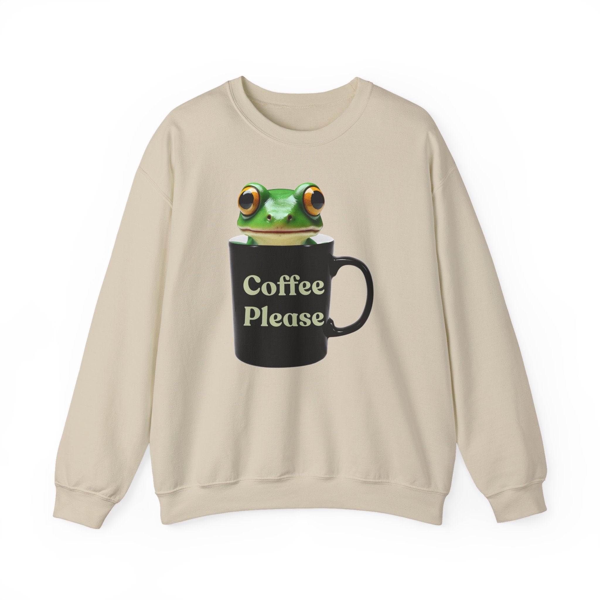 Beige sweatshirt with a frog holding a coffee mug and 'Coffee Please' text on a white background