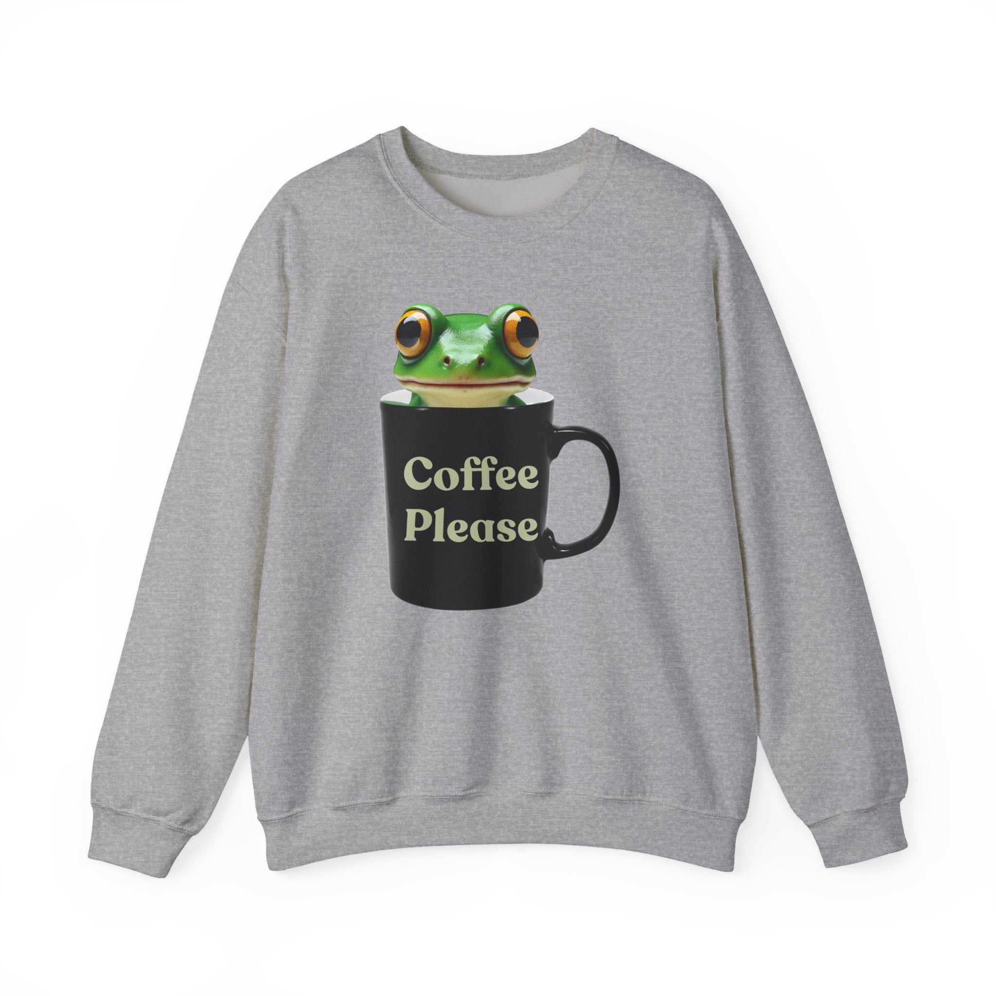 Gray sweatshirt with a frog design holding a coffee mug on a white background