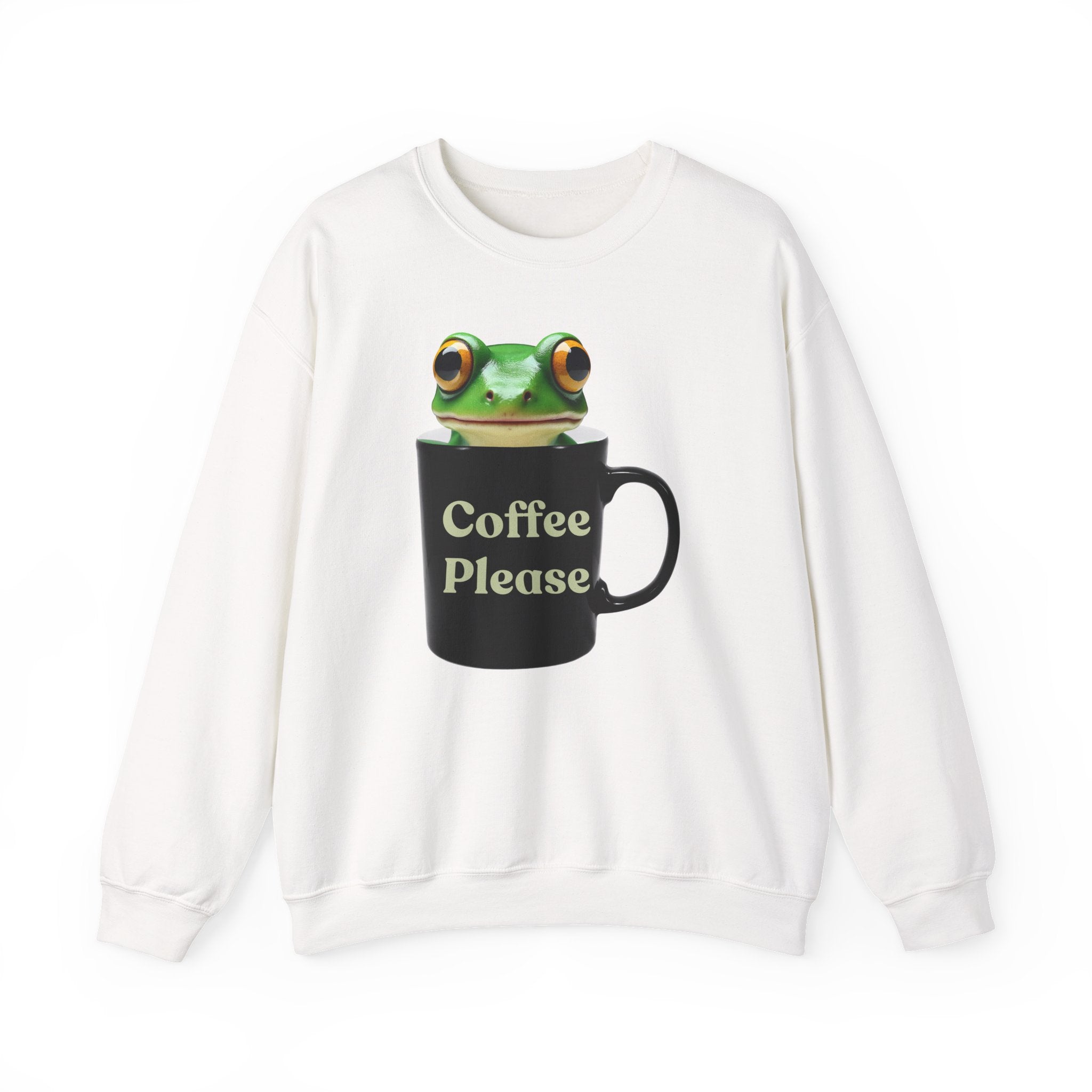 White sweatshirt with a frog holding a coffee mug and 'Coffee Please' text on a white background