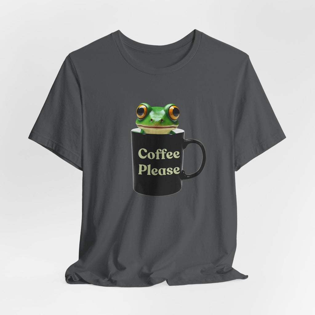 Asphalt gray t-shirt with a frog design holding a mug labeled 'Coffee Please' on a light gray background