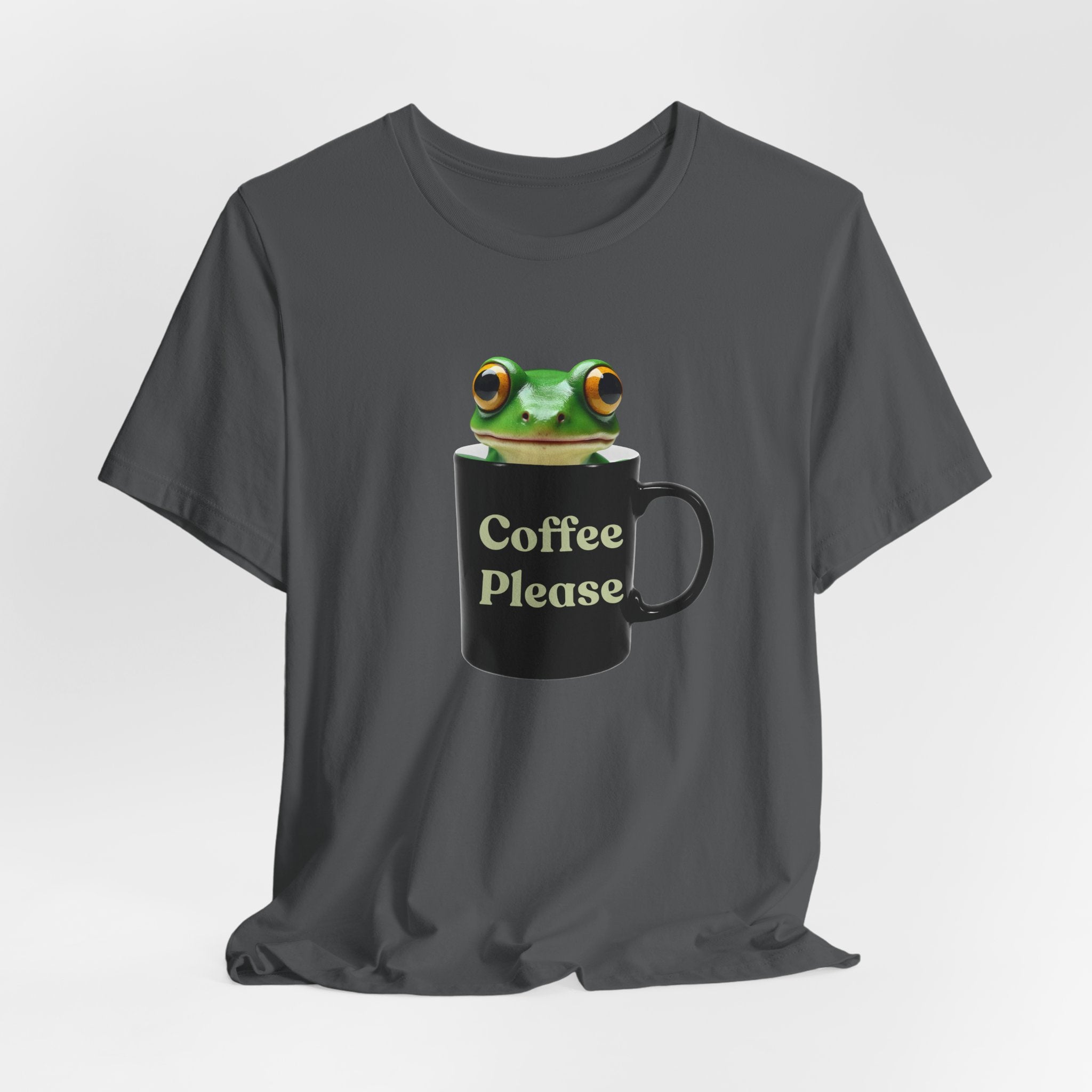 Asphalt gray t-shirt with a frog design holding a mug labeled 'Coffee Please' on a light gray background