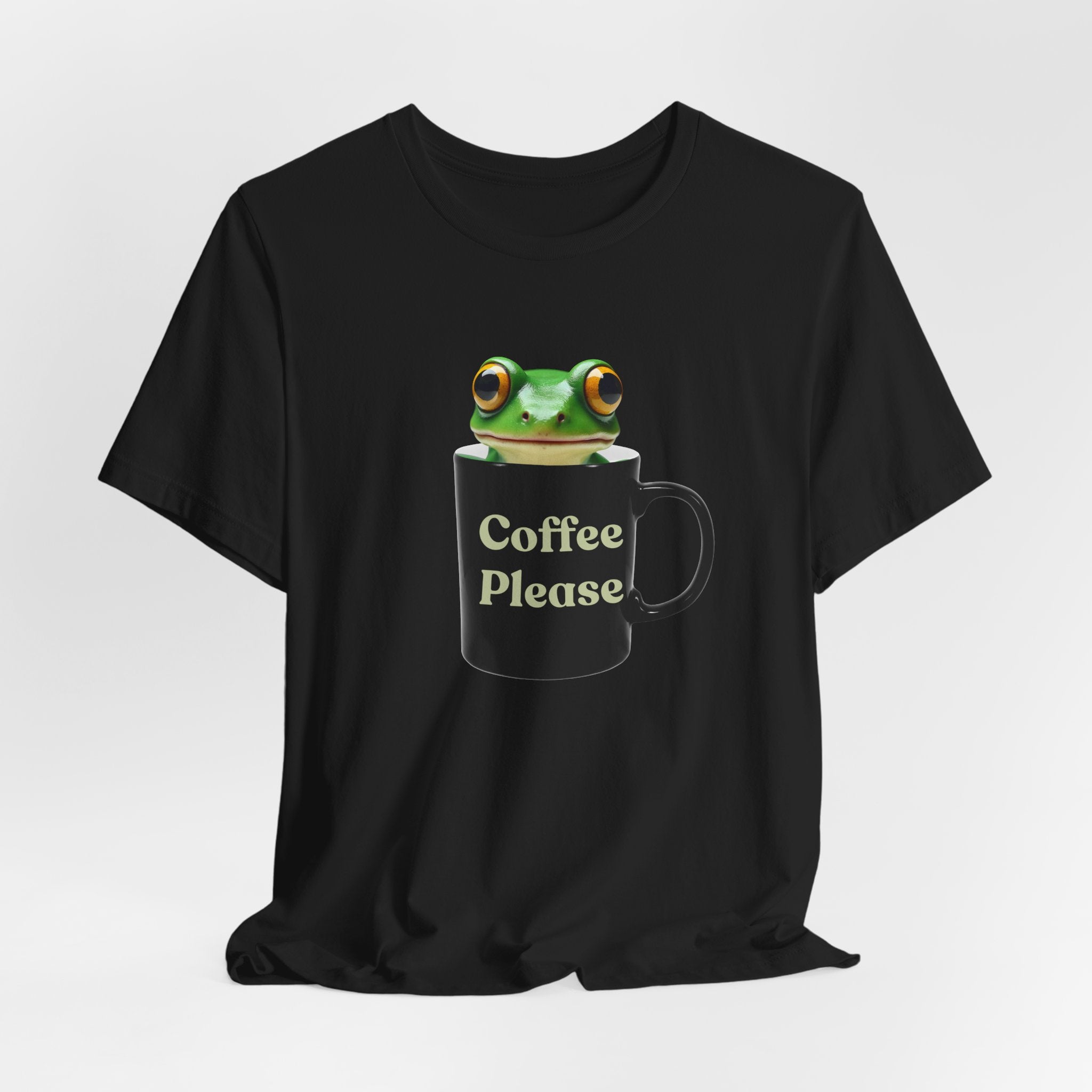 Black t-shirt with a frog holding a mug labeled 'Coffee Please' on a white background