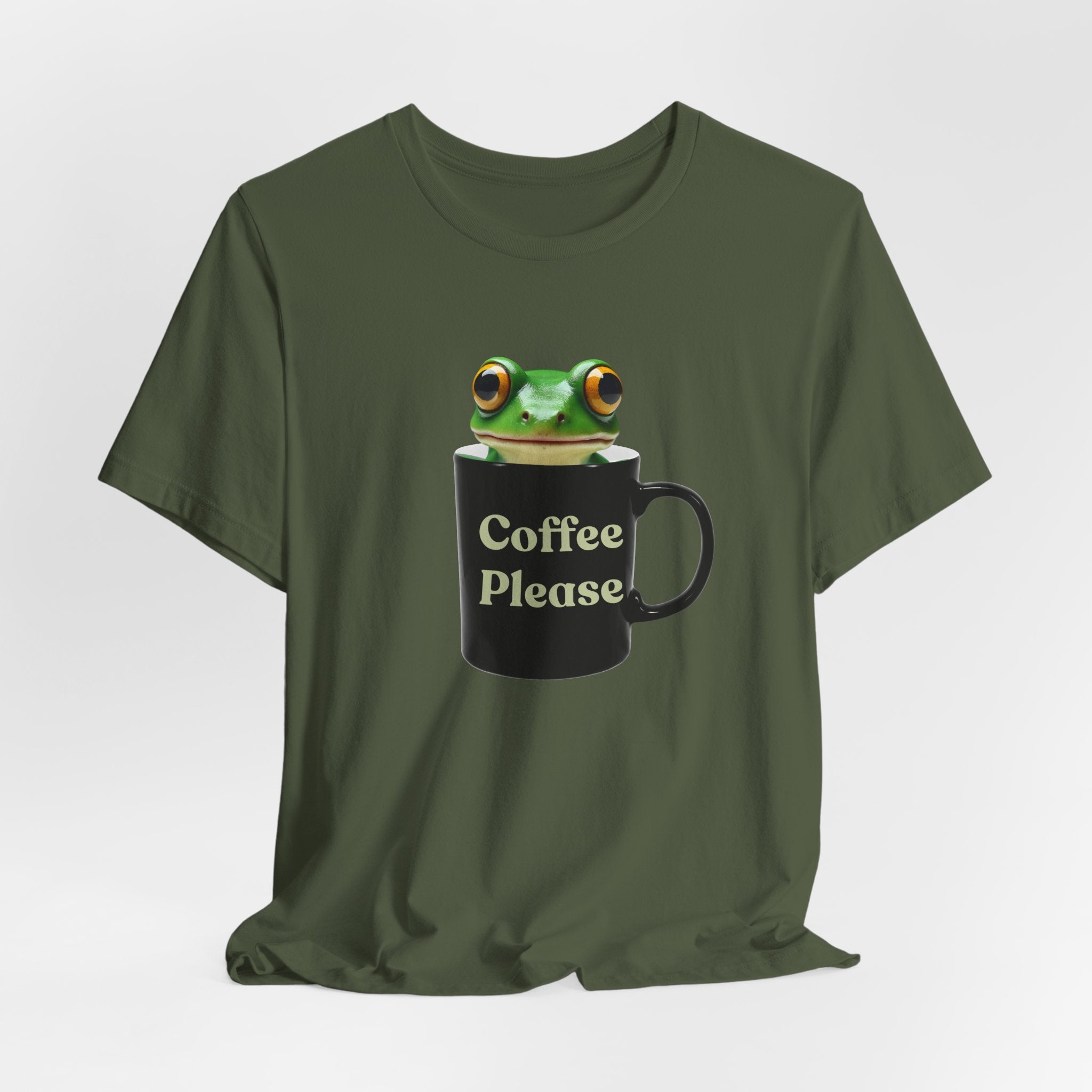 Military green t-shirt with a frog design holding a mug labeled 'Coffee Please' on a white background