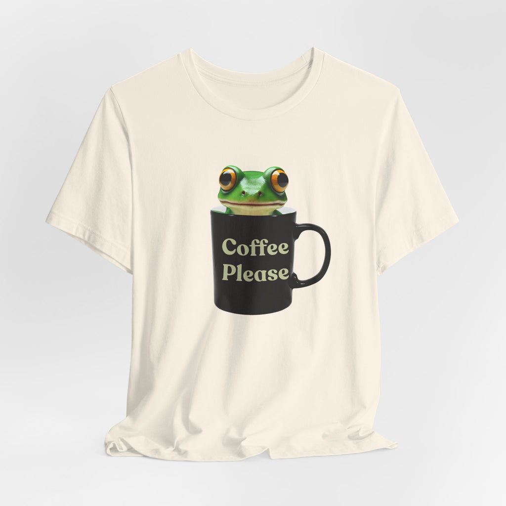 Natural white t-shirt with a frog holding a mug labeled 'Coffee Please' on a light gray background