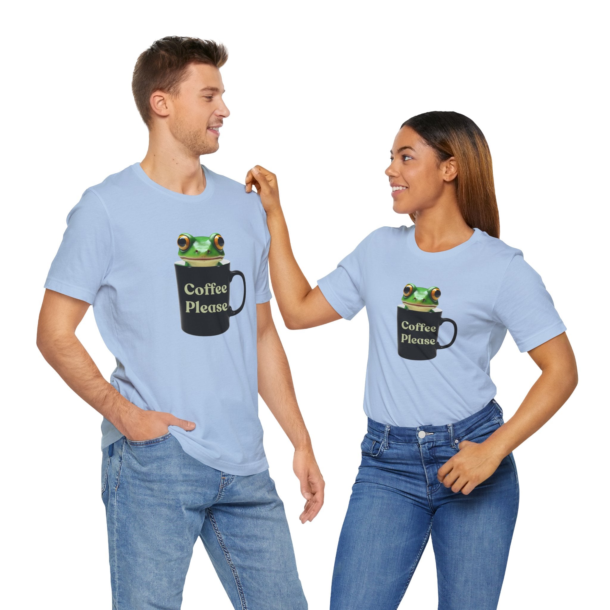 Two people wearing matching light blue t-shirts with a frog and coffee cup design.