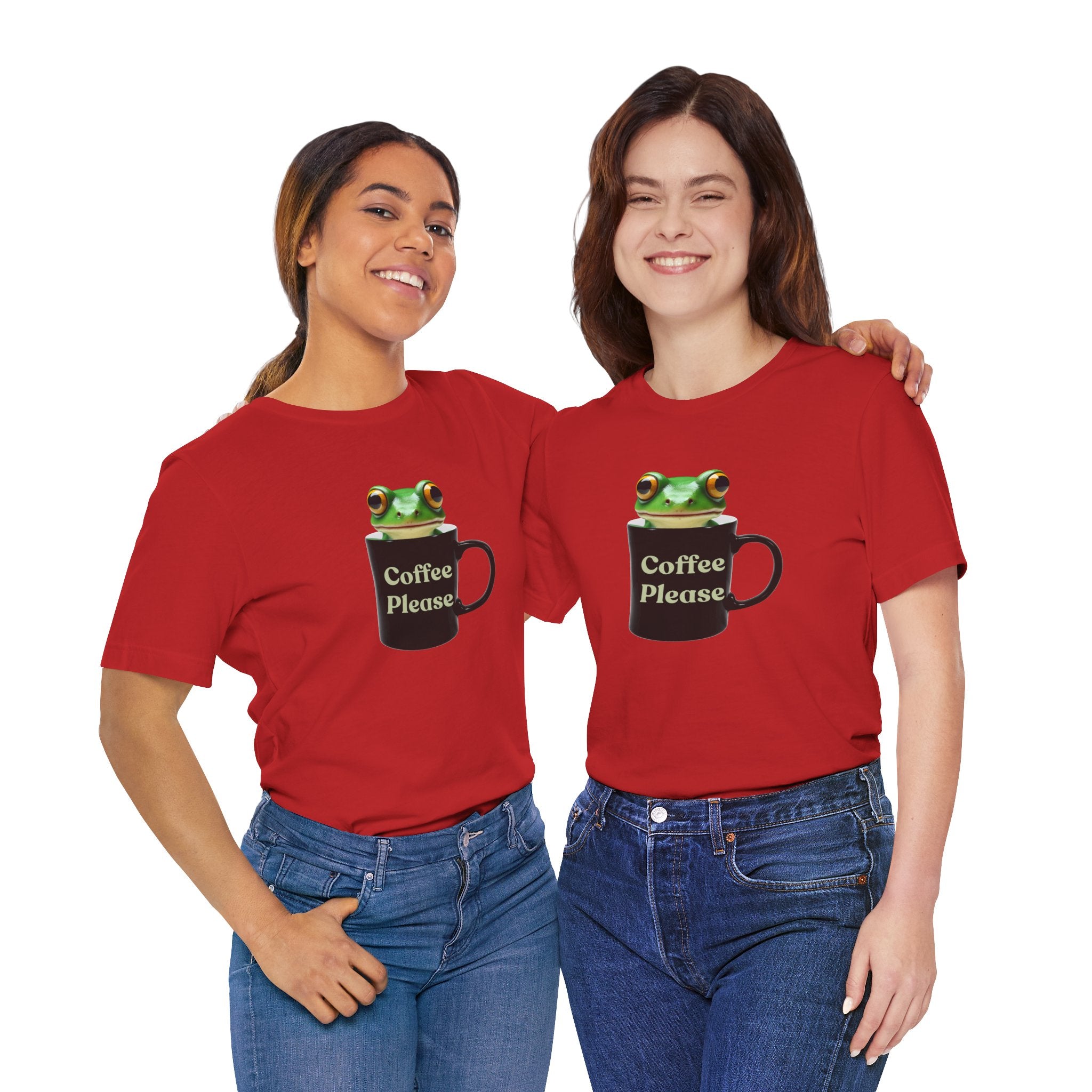 Two people wearing red t-shirts with a frog and coffee cup design on a white background