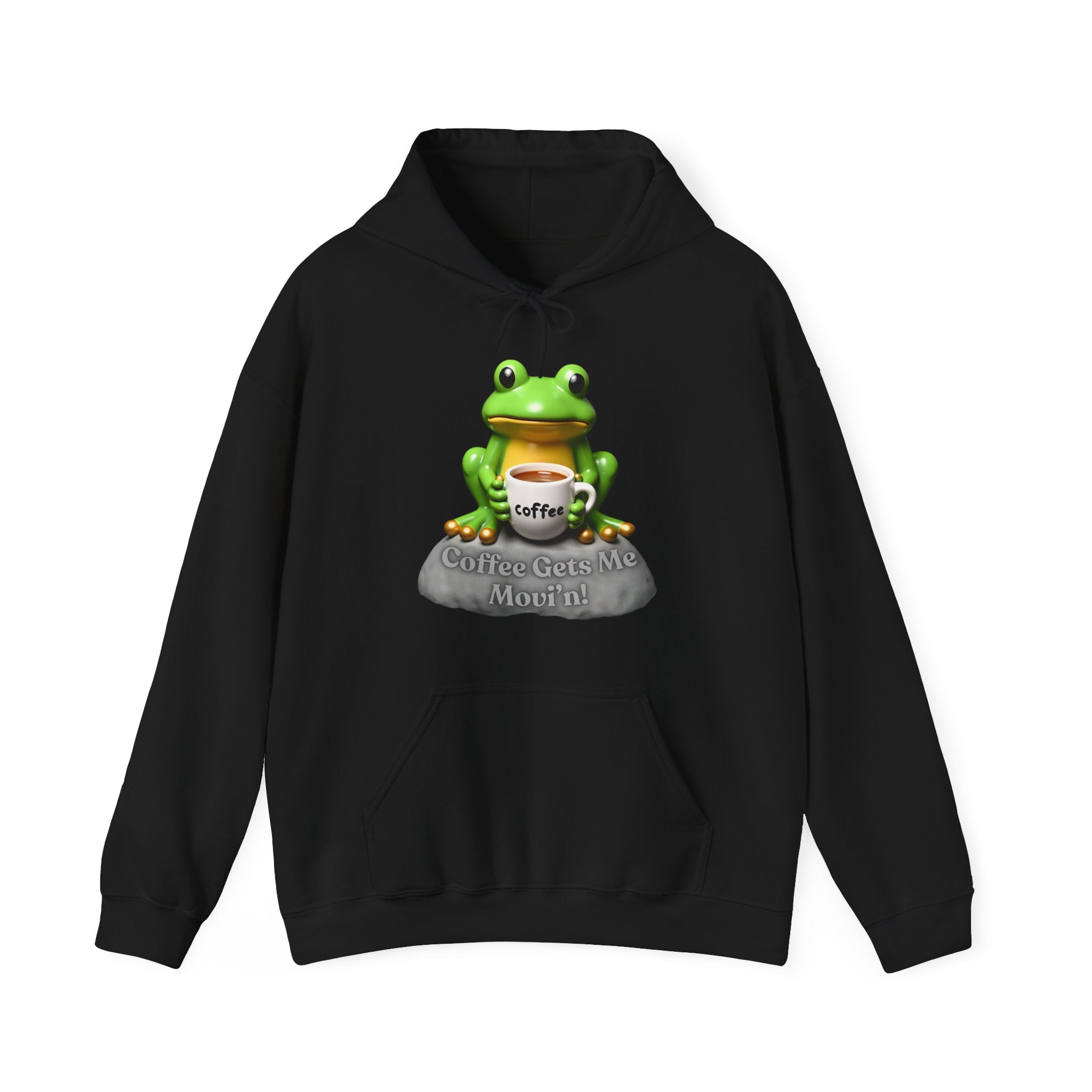 Black hoodie with a frog graphic holding a coffee cup on a white background