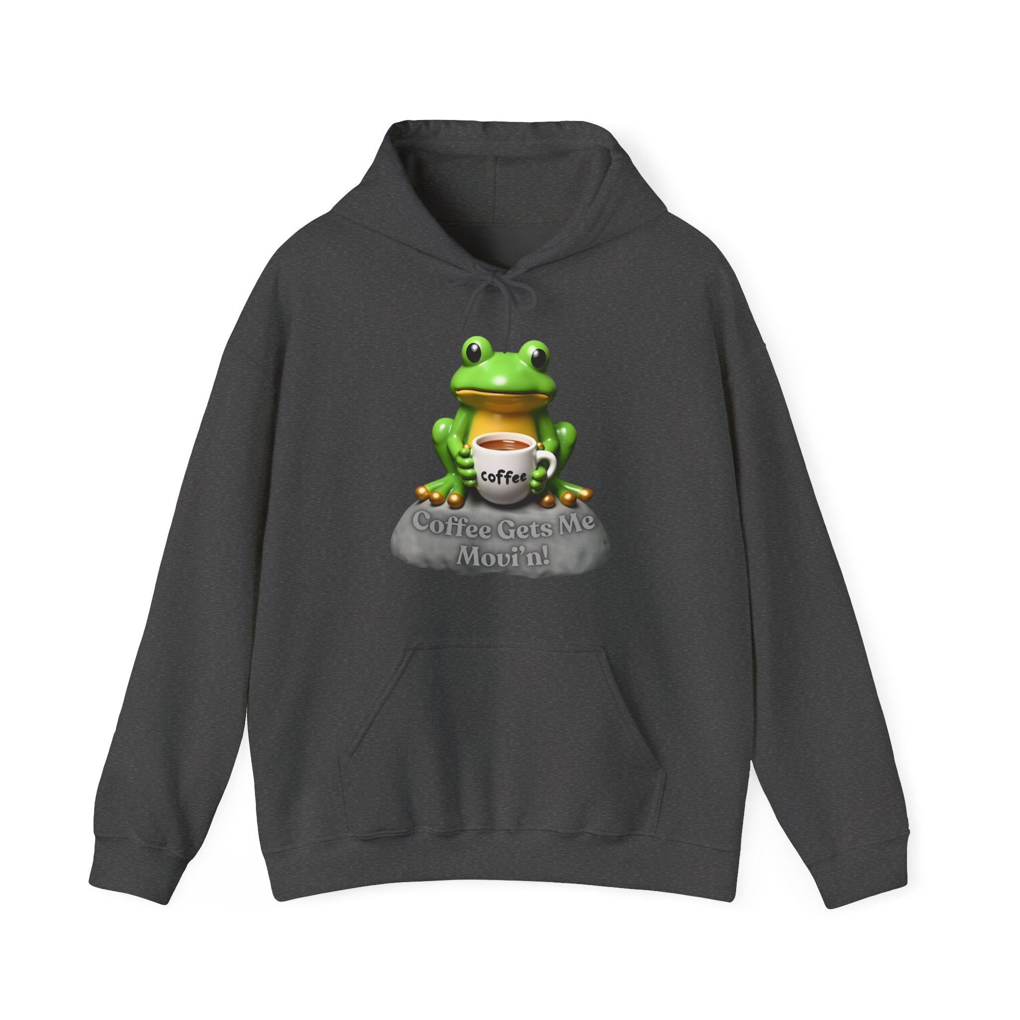 Dark gray hoodie with a frog graphic holding a coffee cup on a white background
