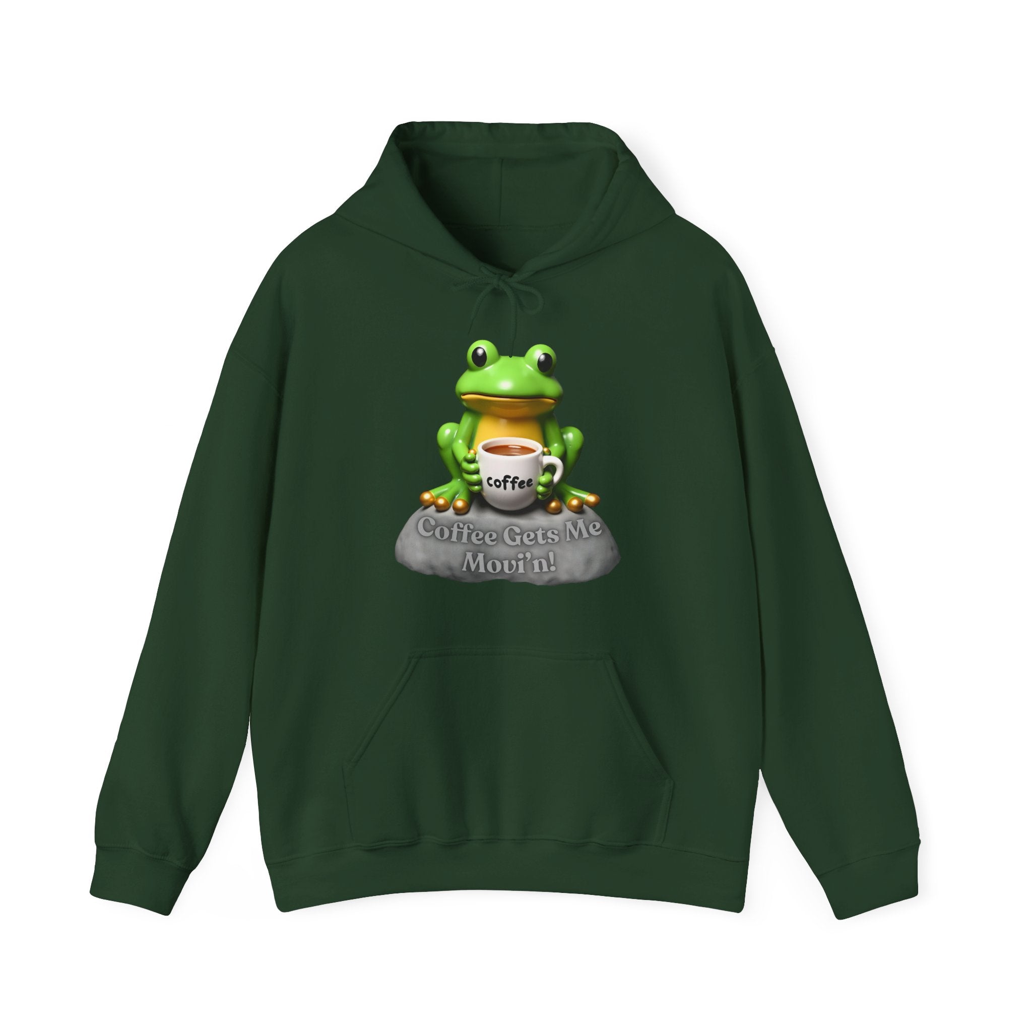 Forest green hoodie with a frog graphic holding a coffee cup on a white background