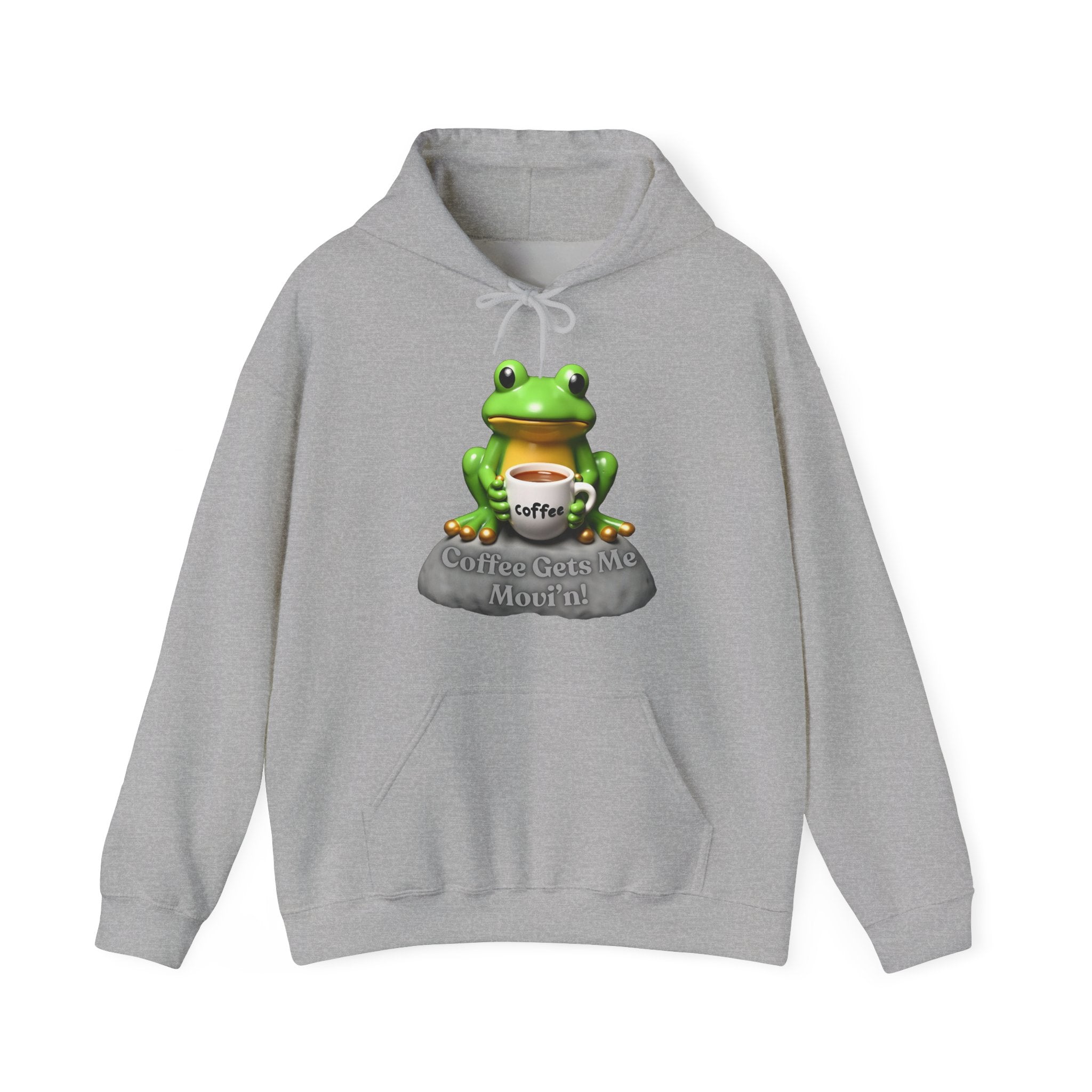 Gray hoodie with a frog graphic and 'Coffee Gets Me Movin'' text on a white background