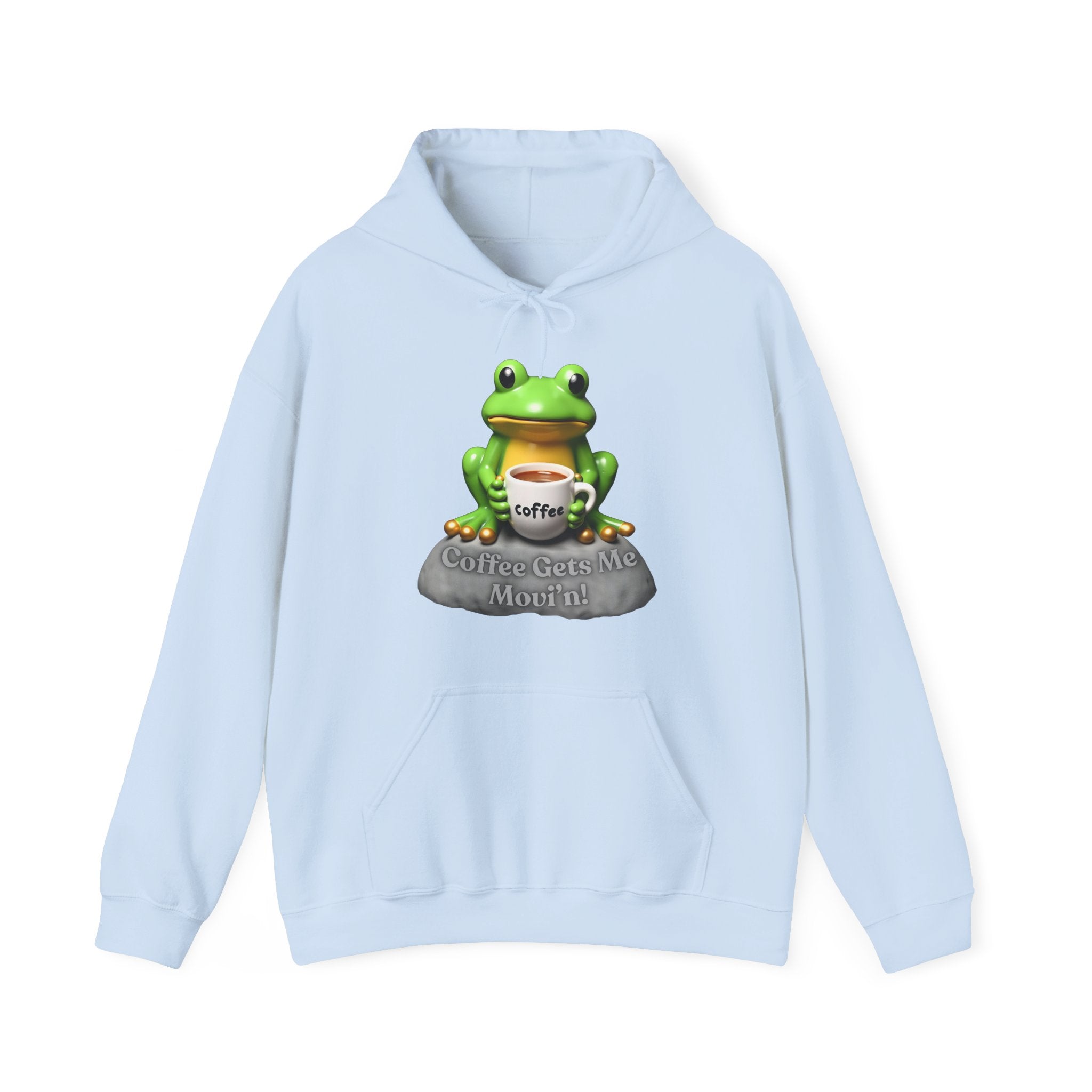 Light blue hoodie with a green frog graphic and 'Coffee Gets Me Momin!' text on a white background