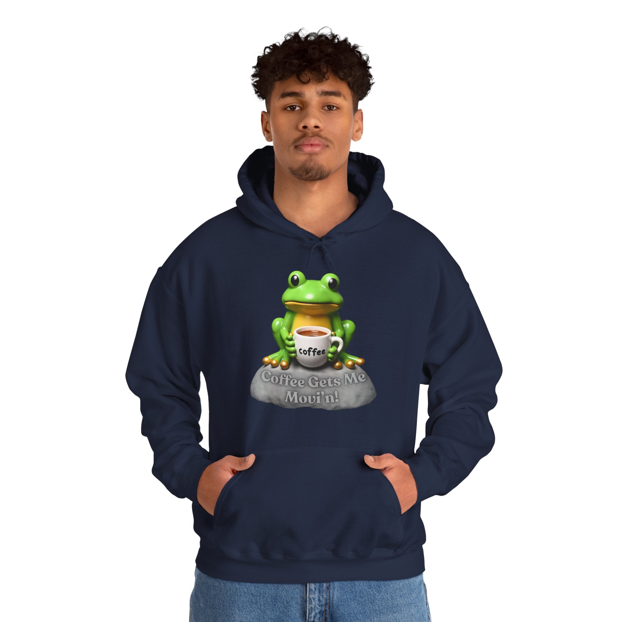 Person wearing a navy hoodie with a frog graphic and text on a white background