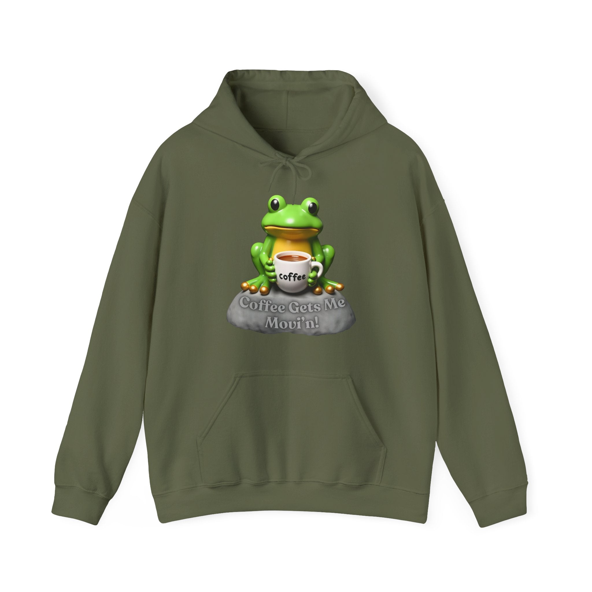 Military green hoodie with a frog graphic holding a coffee cup on a white background