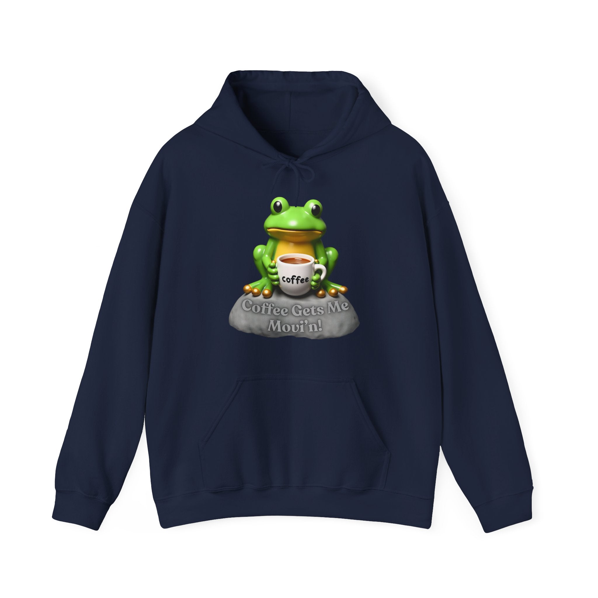 Navy blue hoodie with a frog graphic holding a coffee cup on a white background