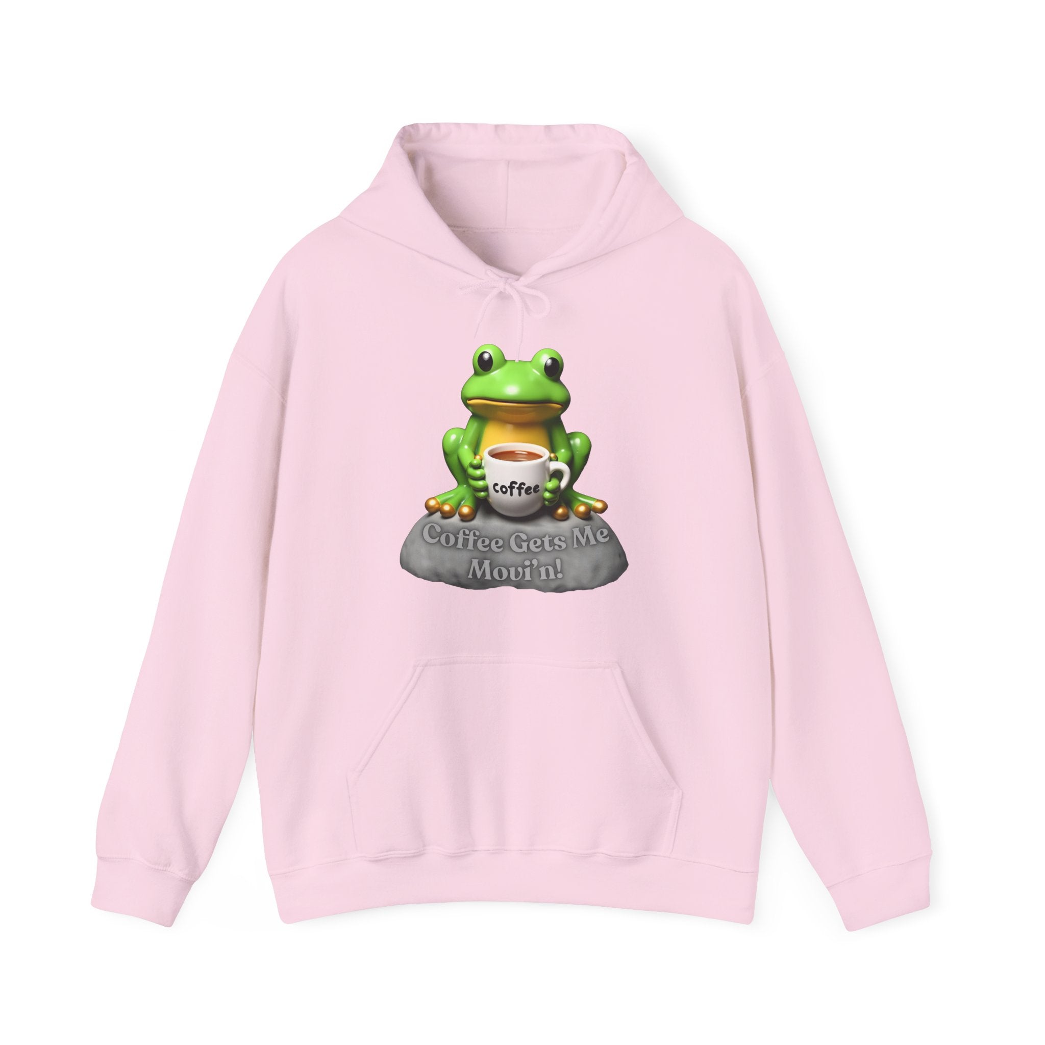 Pink hoodie with a frog graphic and 'Coffee Gets Me Movin!' text on a white background