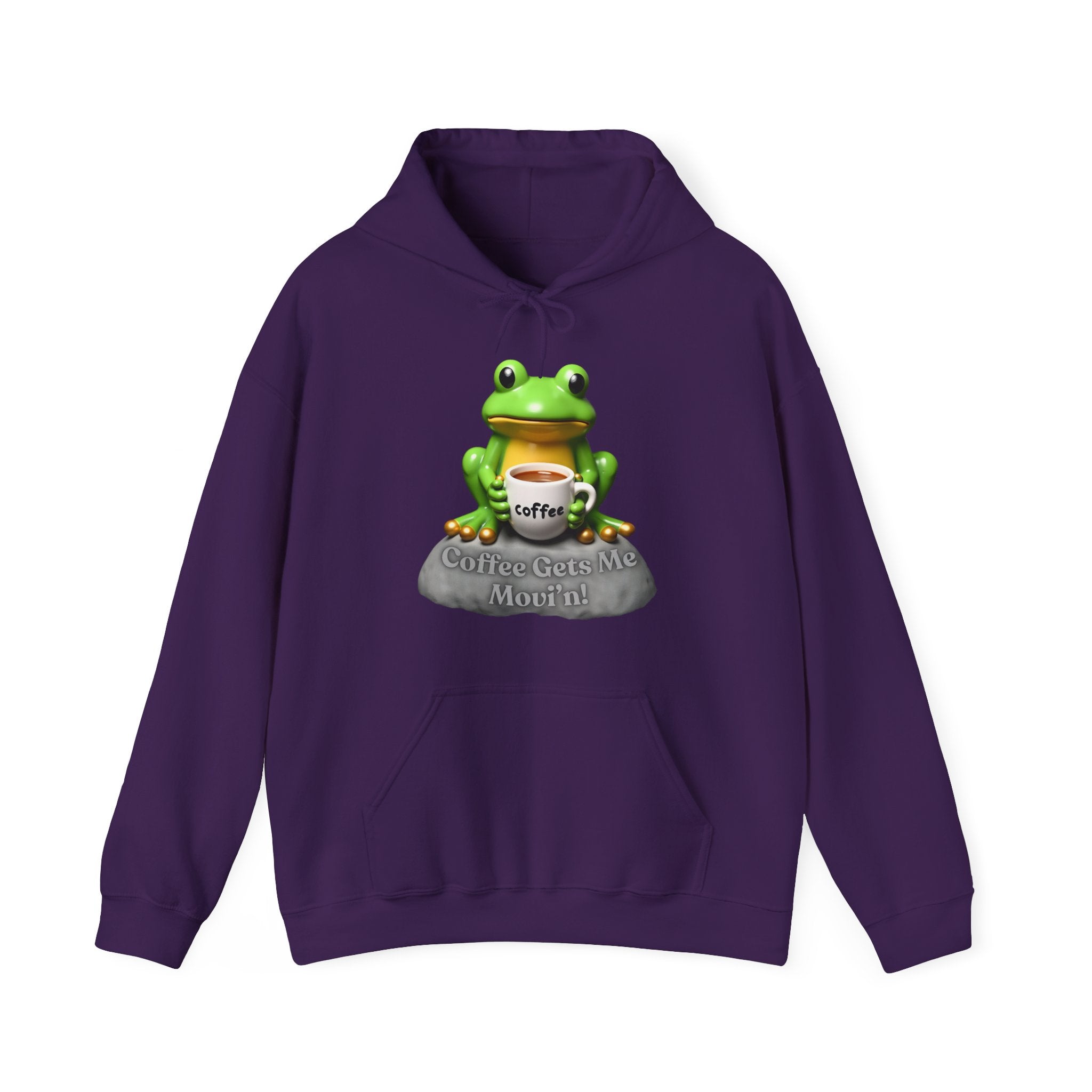 Purple hoodie with a frog graphic holding a coffee cup on a white background