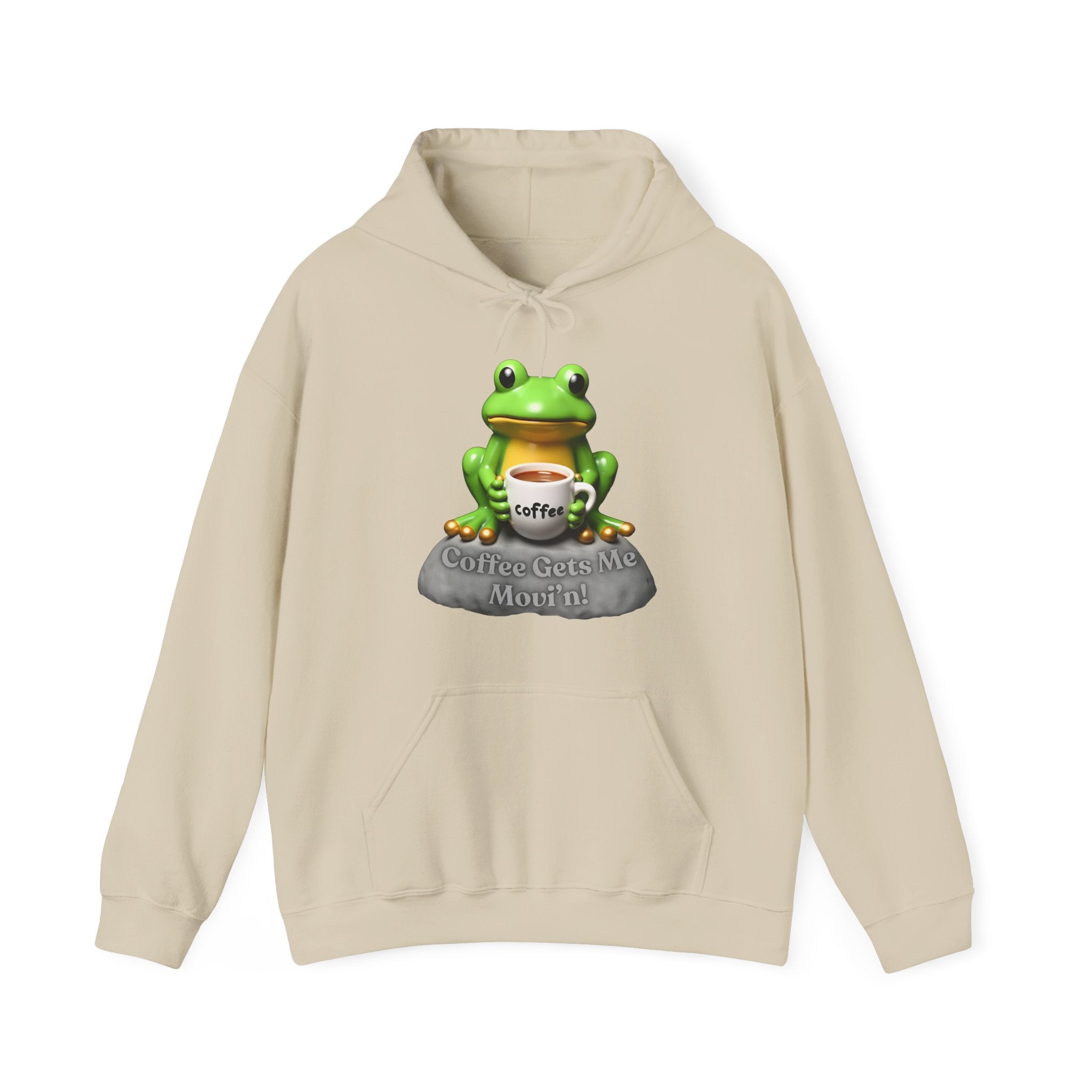 Beige hoodie with a frog graphic holding a coffee cup on a white background