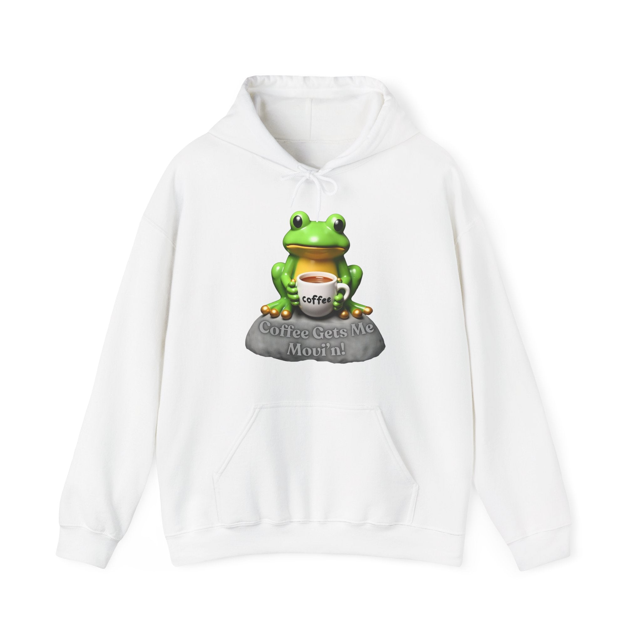 White hoodie with a frog graphic and 'Coffee Gets Me Movin!' text on a white background