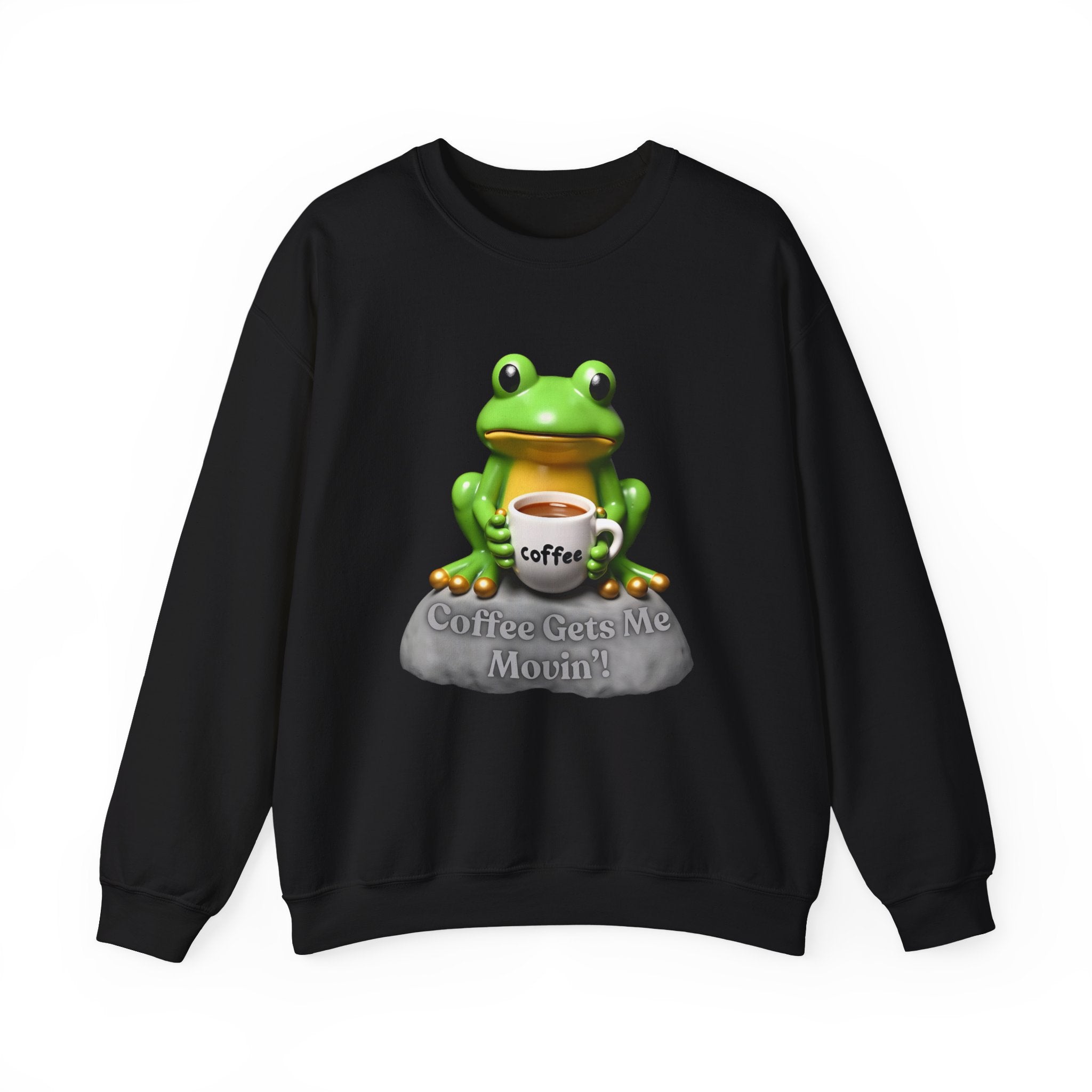 Black sweatshirt with a green frog holding a coffee cup and 'Coffee Gets Me Movin'' text on a white background