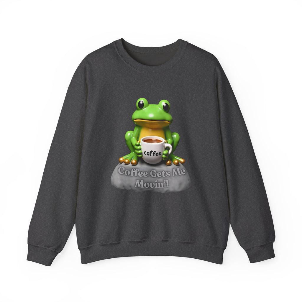 Dark heather gray sweatshirt with a frog holding a coffee cup graphic and text on a white background