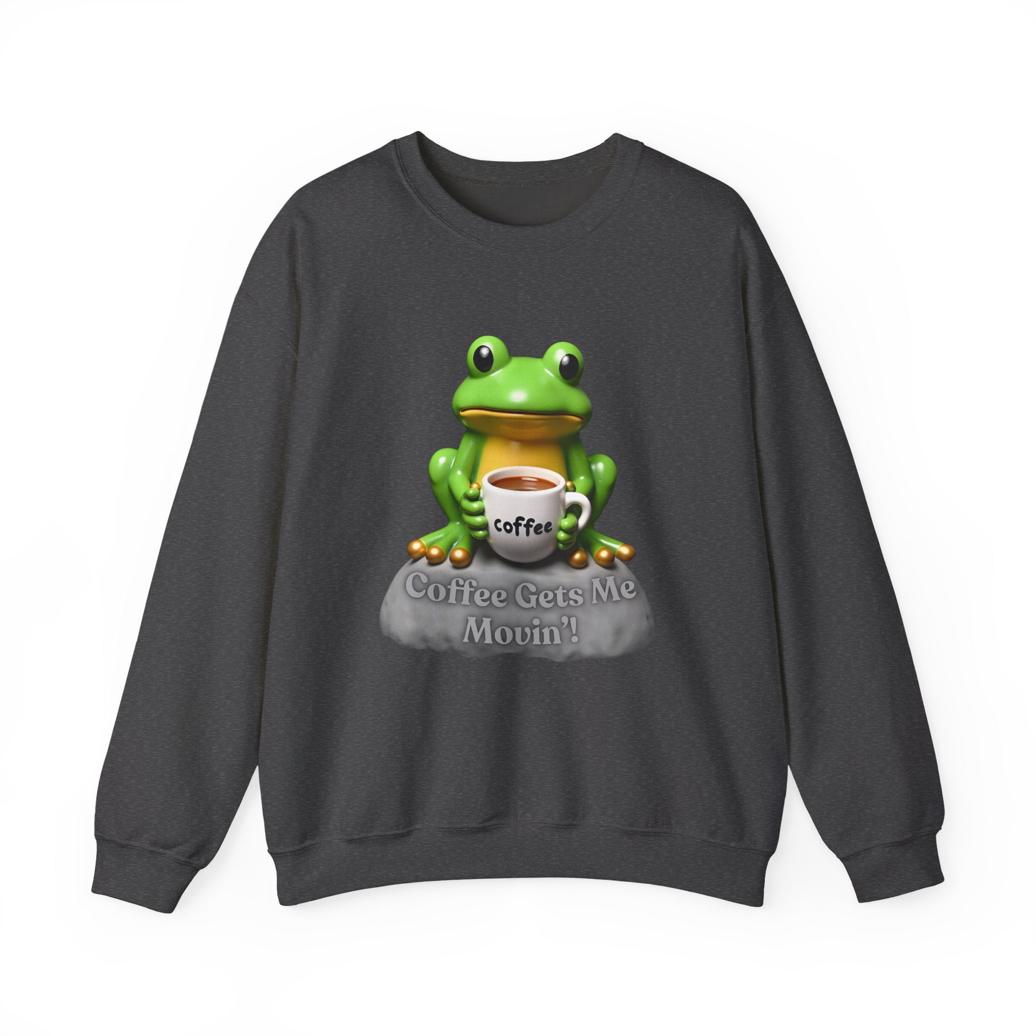 Dark heather gray sweatshirt with a frog holding a coffee cup graphic and text on a white background