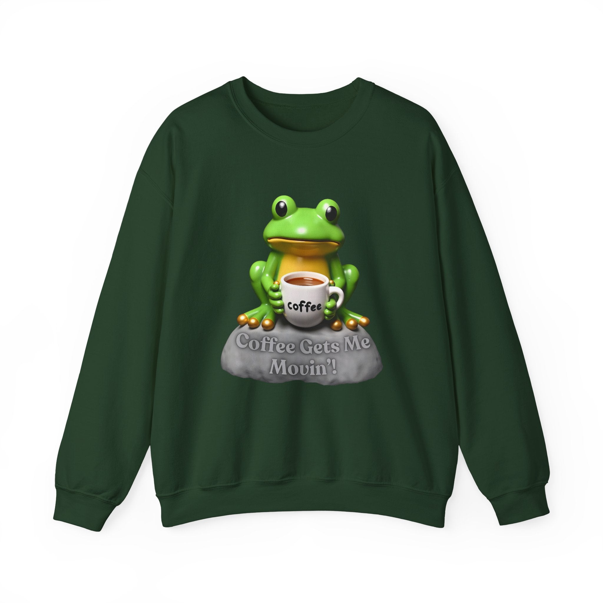 Forest green sweatshirt with a frog holding a coffee cup and 'Coffee Gets Me Movin'' text on a white background