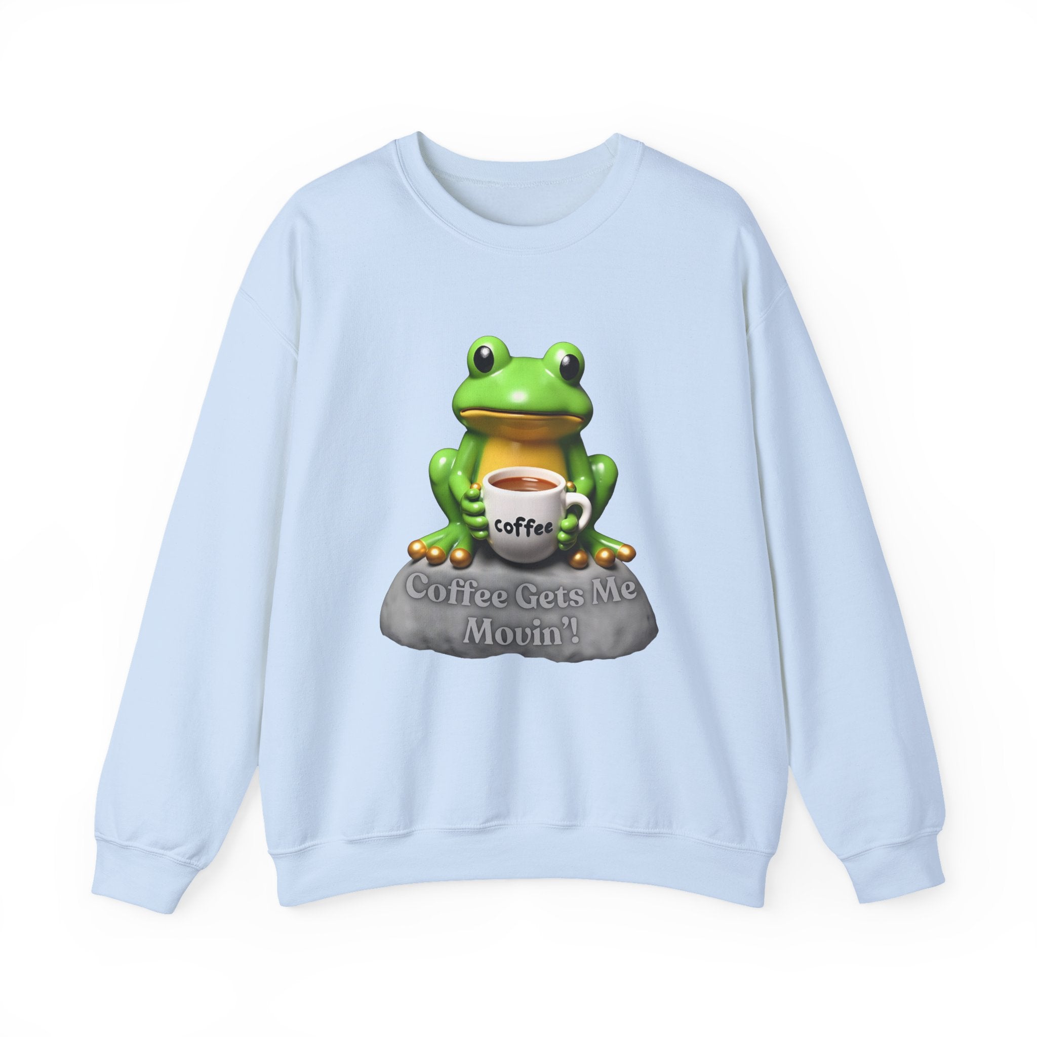 Light blue sweatshirt with a frog graphic holding a coffee cup on a white background