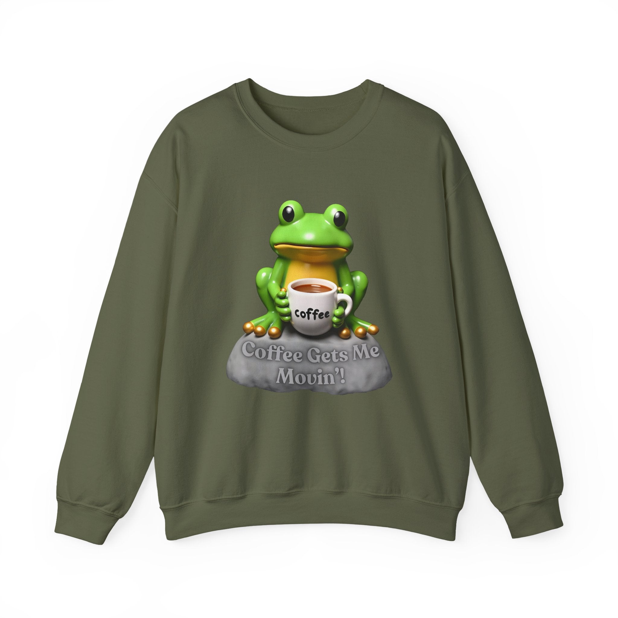 Military green sweatshirt with a frog holding a coffee cup and 'Coffee Gets Me Movin'' text on a white background
