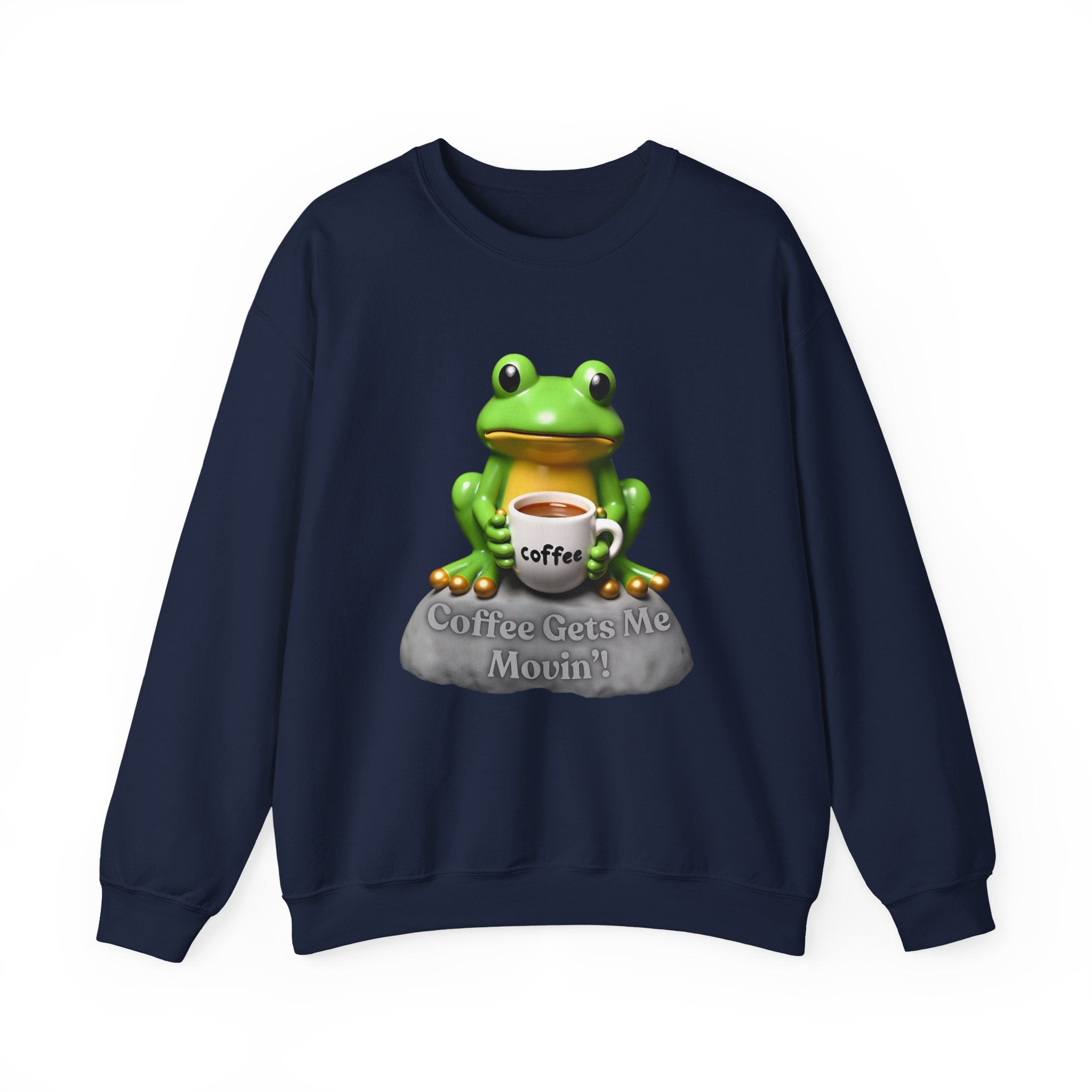 Navy blue sweatshirt with a frog holding a coffee cup graphic on a white background