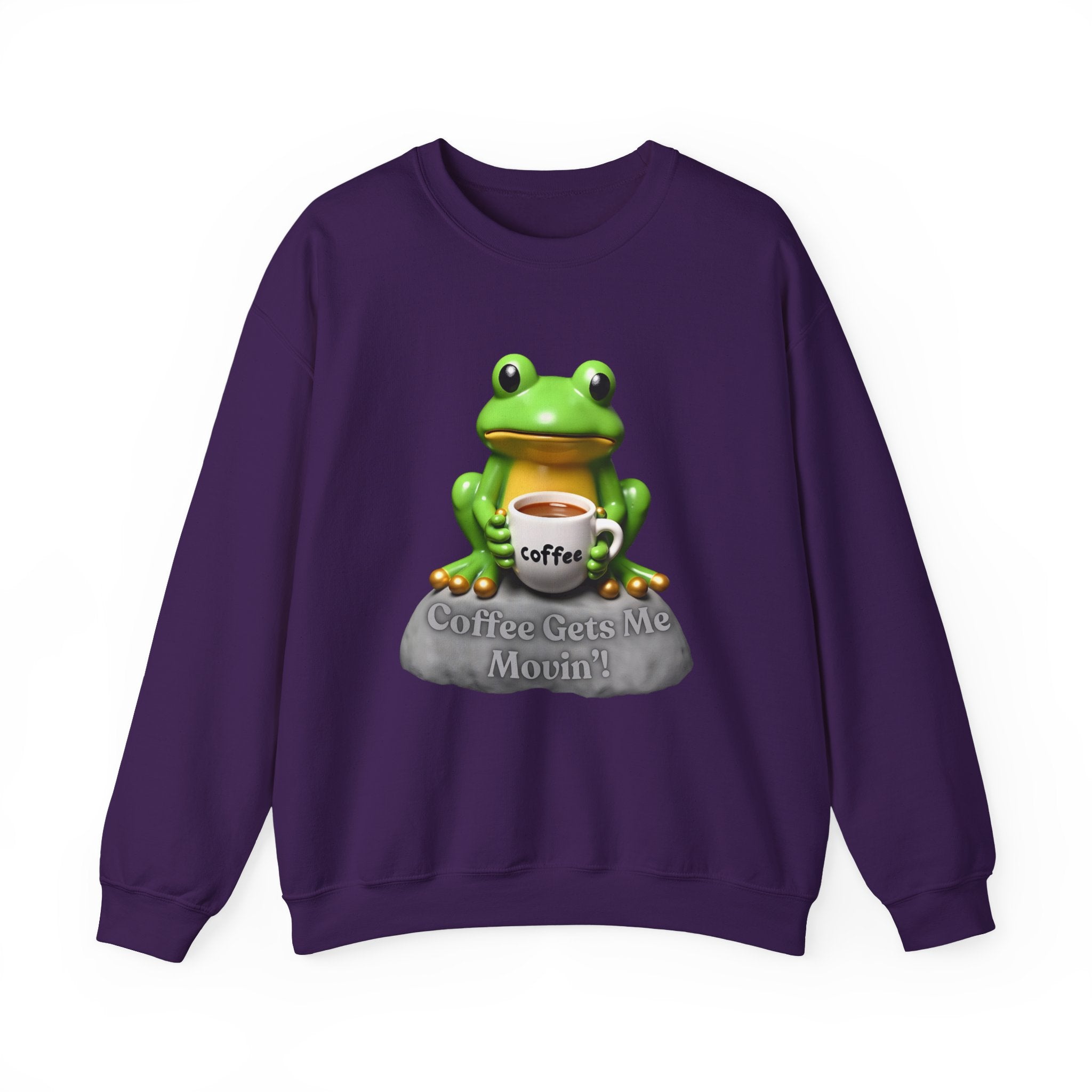 Purple sweatshirt with a frog holding a coffee cup and 'Coffee Gets Me Movin'' text on a white background