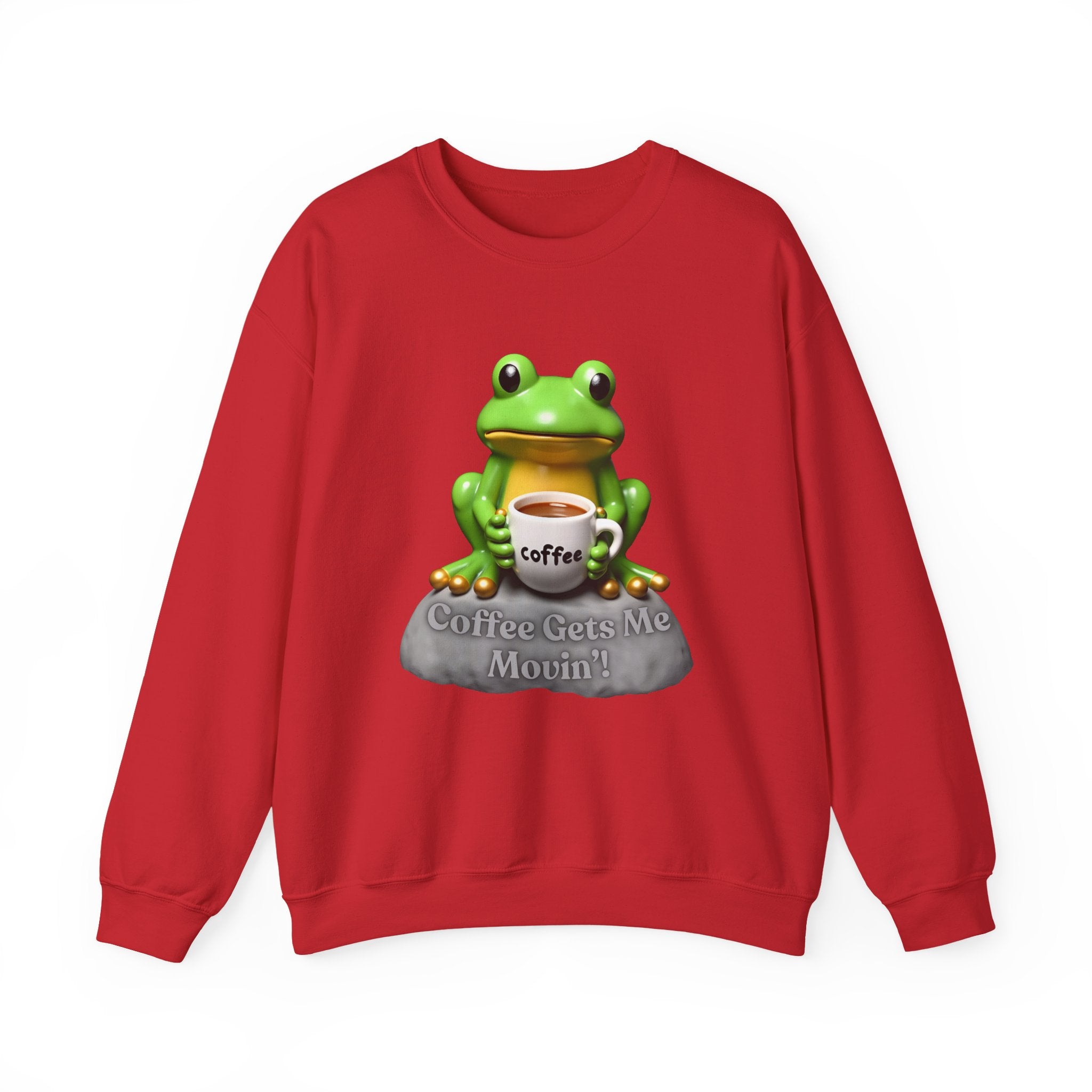 Red sweatshirt with a green frog holding a coffee cup and text on a white background