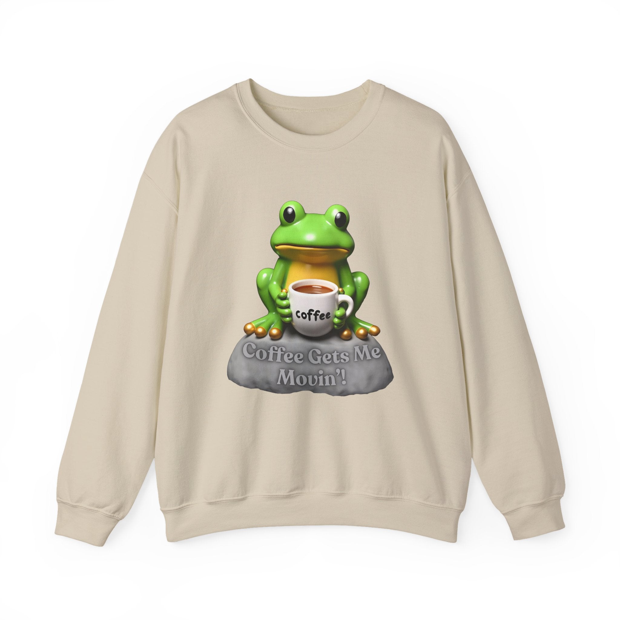 Beige sweatshirt with a frog graphic holding a coffee cup and 'Coffee Gets Me Movin'' text on a white background