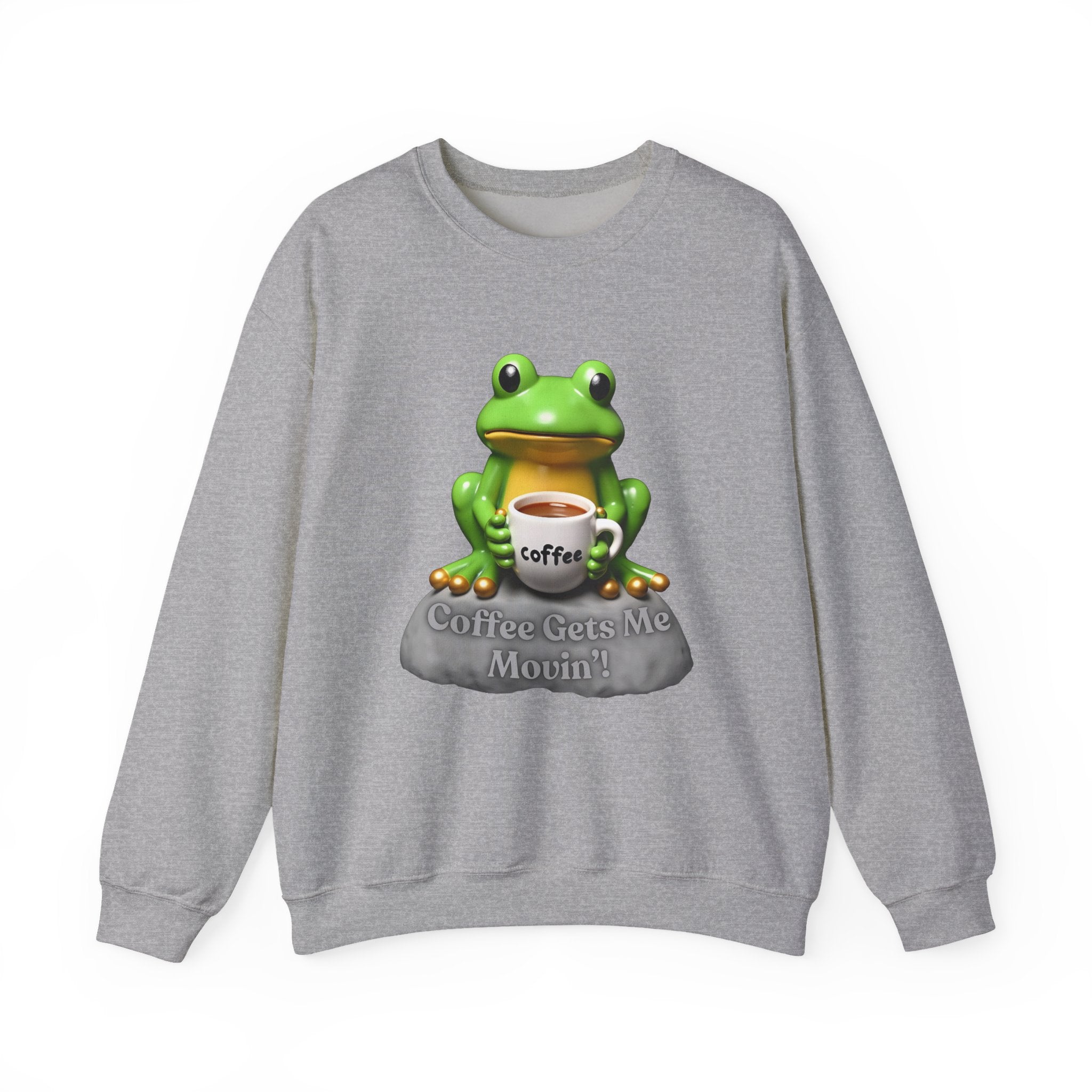 Gray sweatshirt with a green frog holding a coffee cup and 'Coffee Gets Me Movin'' text on a white background