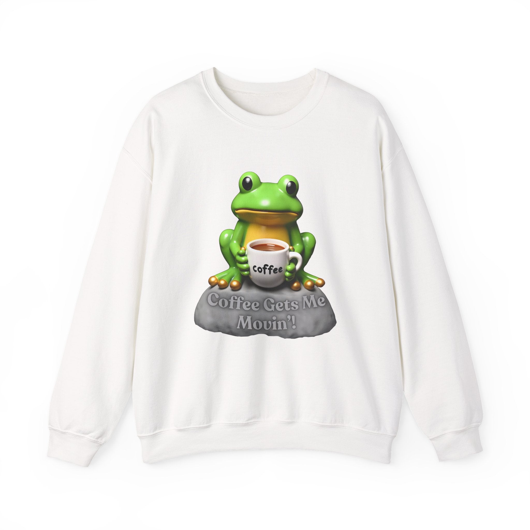 White sweatshirt with a green frog holding a coffee cup graphic and text on a white background