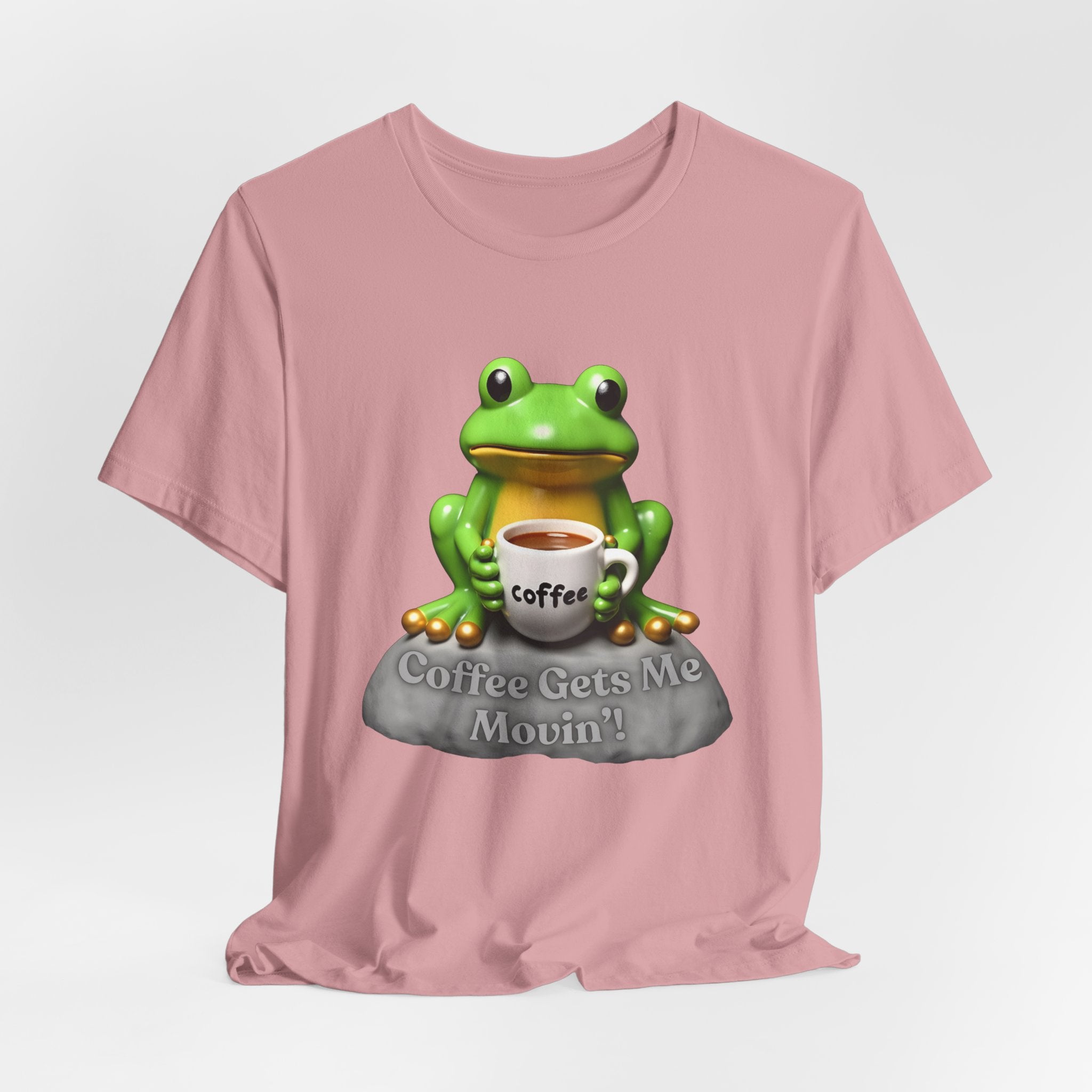 Orchid pink t-shirt with a green frog holding a coffee cup graphic on a white background