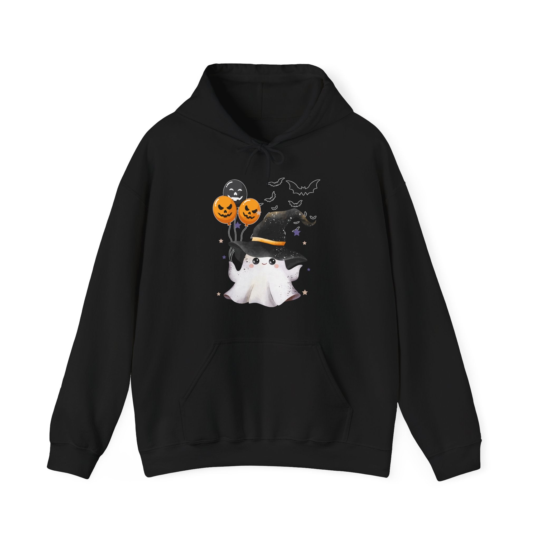Black hoodie with Halloween-themed design on a white background